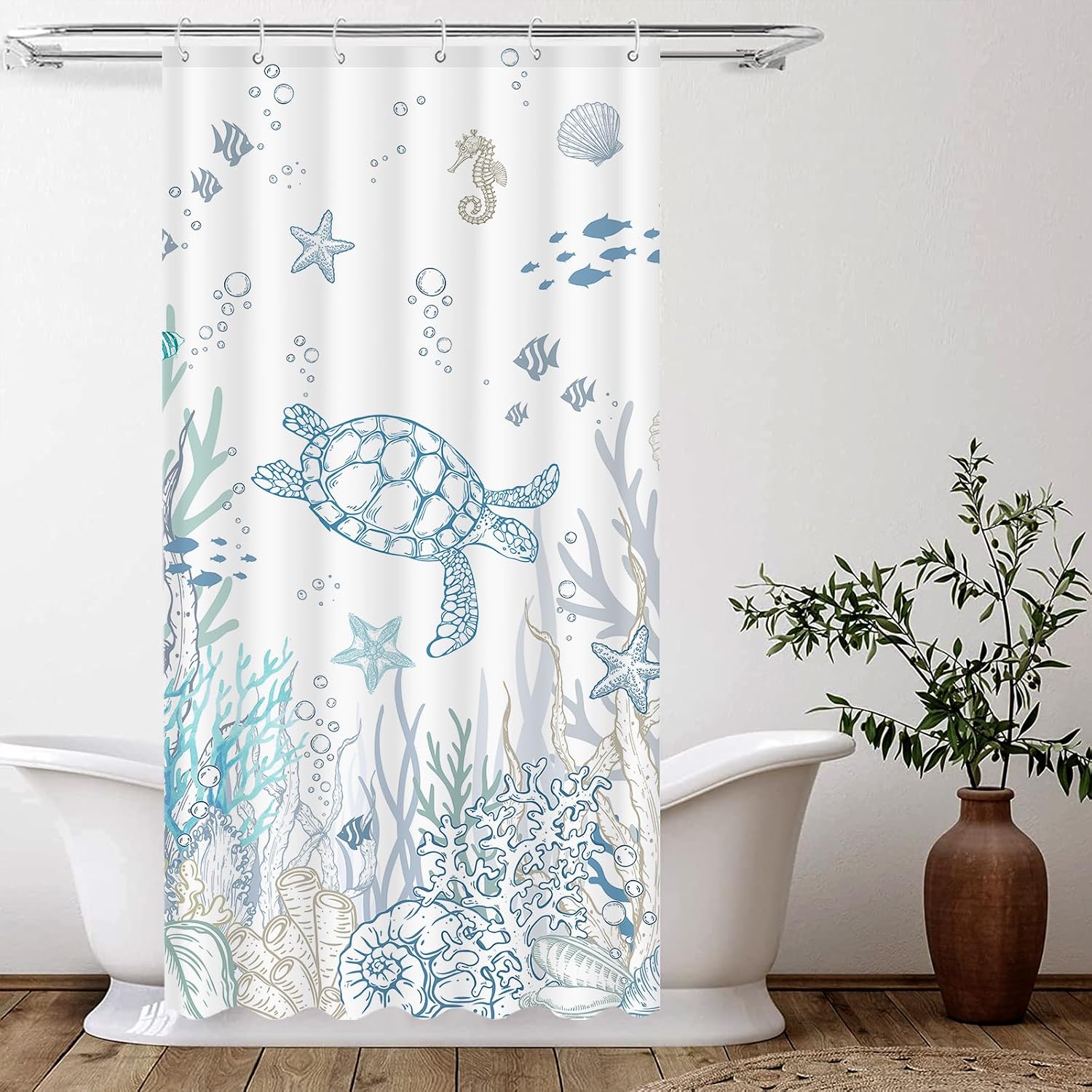 Nautical Coastal Turtle Shower Curtain, Coral Starfish Seashell Ocean Themed Bathroom Curtain, Underwater Seahorse Bathroom Decor Blue Hookless 36 x 72 inch