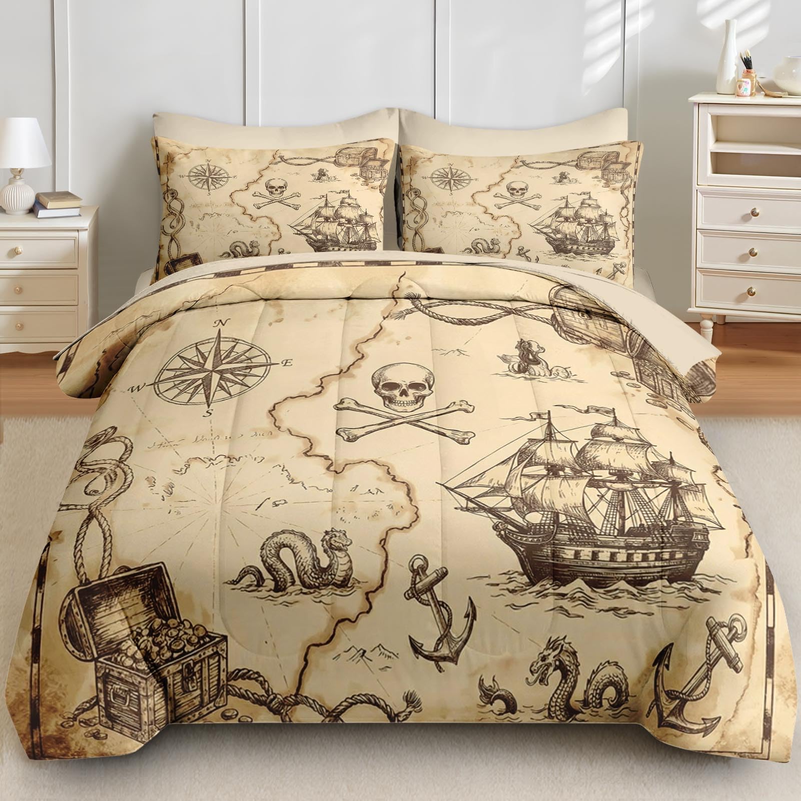 Comforter Set Twin Size, Pirate Vintage Nautical 5 Pcs Bedding for Kids and Adults, Skull Ship Bed Sheet Sets with Fitted Sheet Pillowcase & Sham for Bedroom Bed Decor