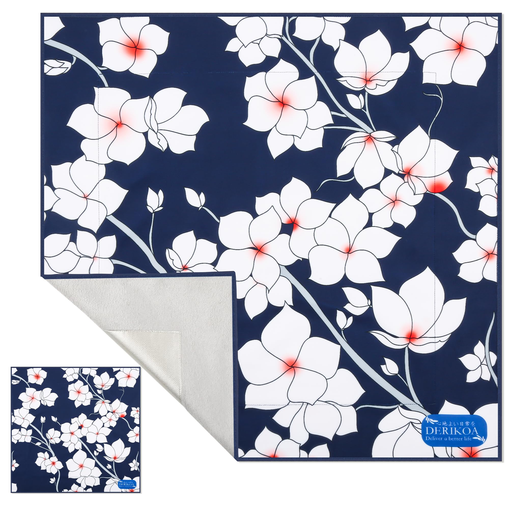 保冷風呂敷 巻くだけクロス くっつく布 横55×縦55cm お弁当包み 風呂敷 ‌ショッピングバッグとして 弁当箱 化粧品 肉 刺身 アイスクリーム ペットボトルを包む 冷たいままのに使用できます 折り畳み [ネイビー×ホワイトフラワー]