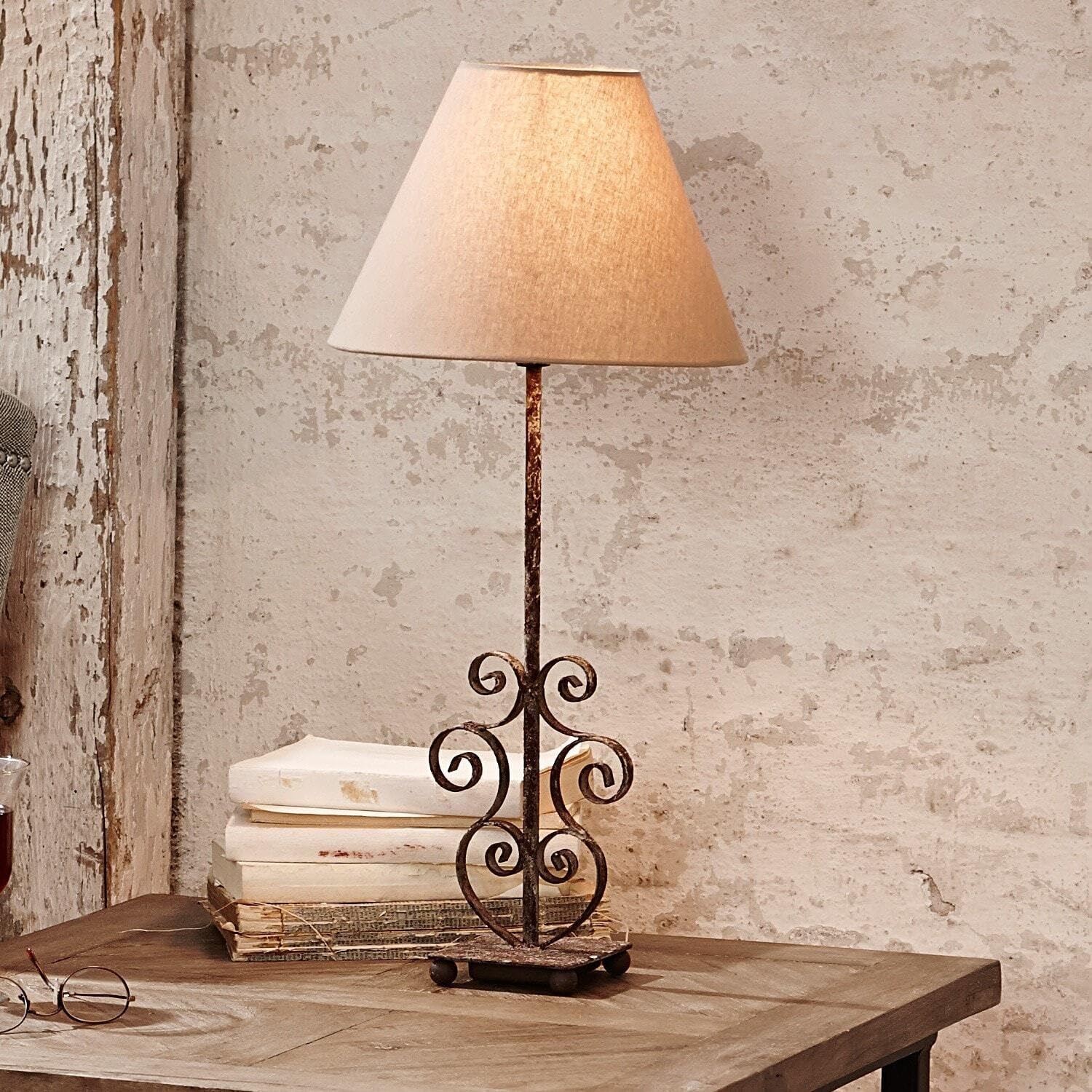 LOBERON Clamart Lampe à poser - Style vintage charmant avec finition antique - Pied ornemental en métal, lin/marron vieilli