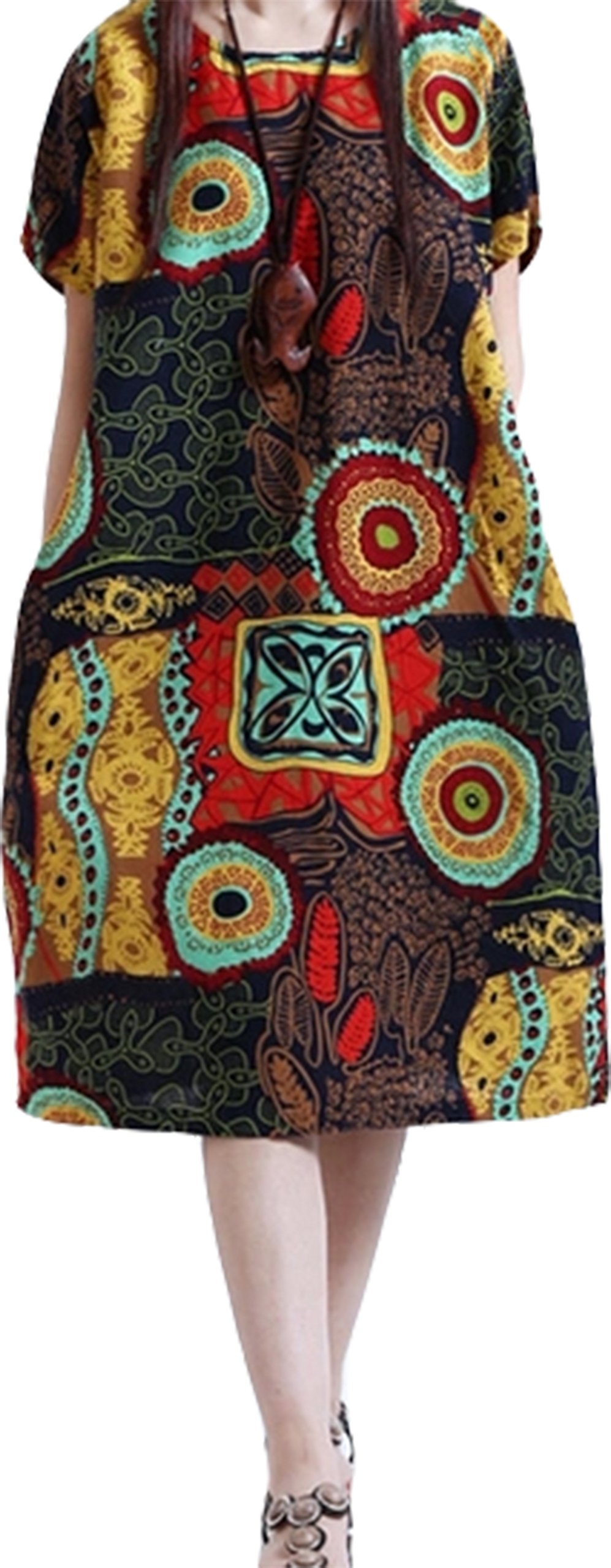 Women's Loose Short Sleeve Floral Print Plus Size Linen Maxi Dress