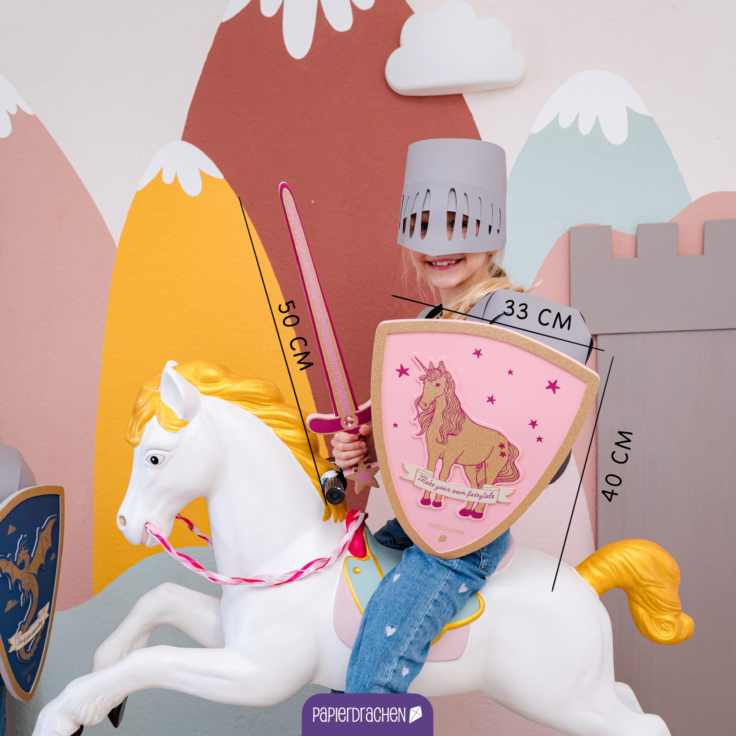 Papierdrachen Schwert und Schild für Kinder - Motiv Drache - Schriftzug Hero of your own story - blau und gold - Verkleidung - Ritter - fantasievolles Spielen