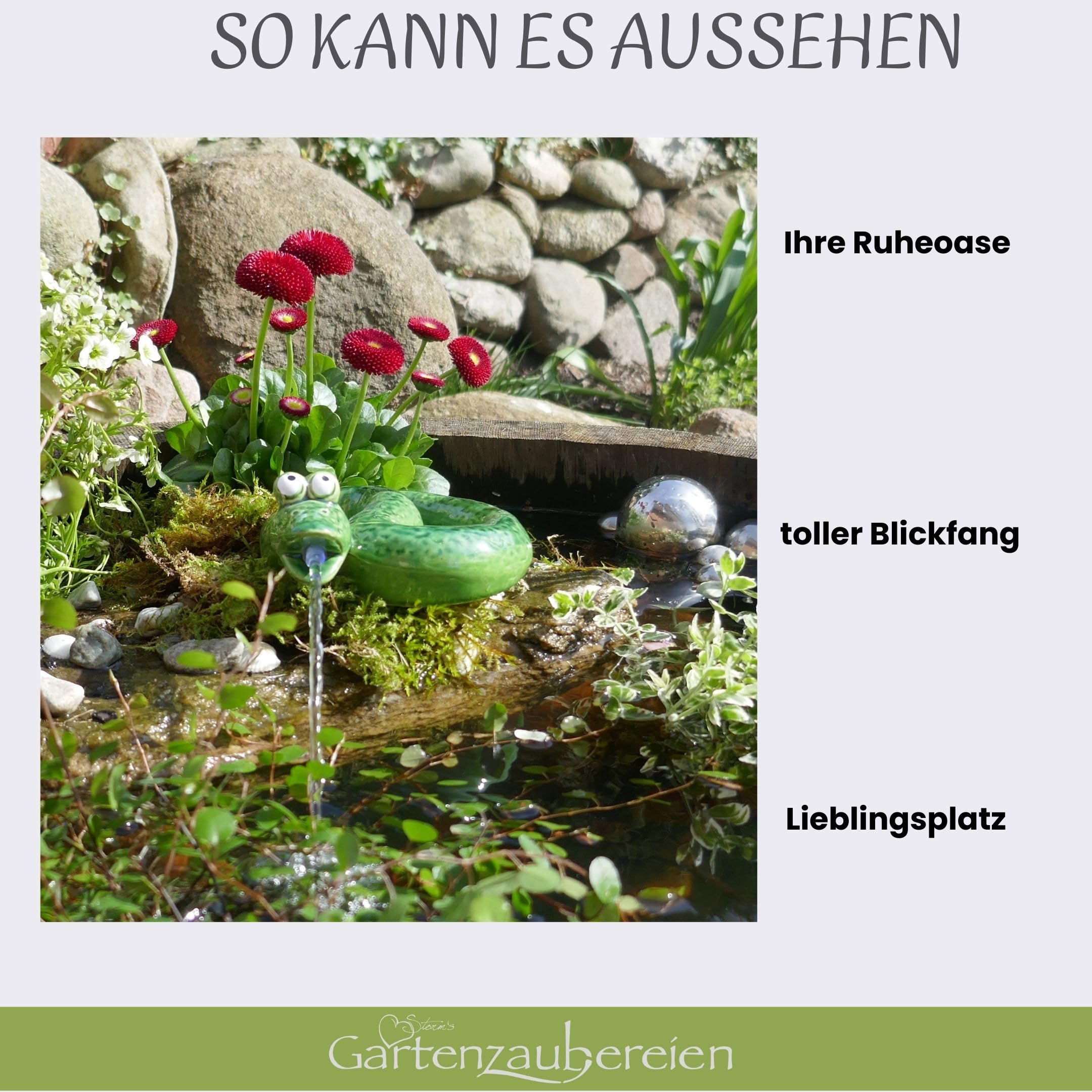 Wasserspeier Schlange mit Pumpe - aus Keramik in grün für Balkon Terrasse und Miniteich - Teichdeko
