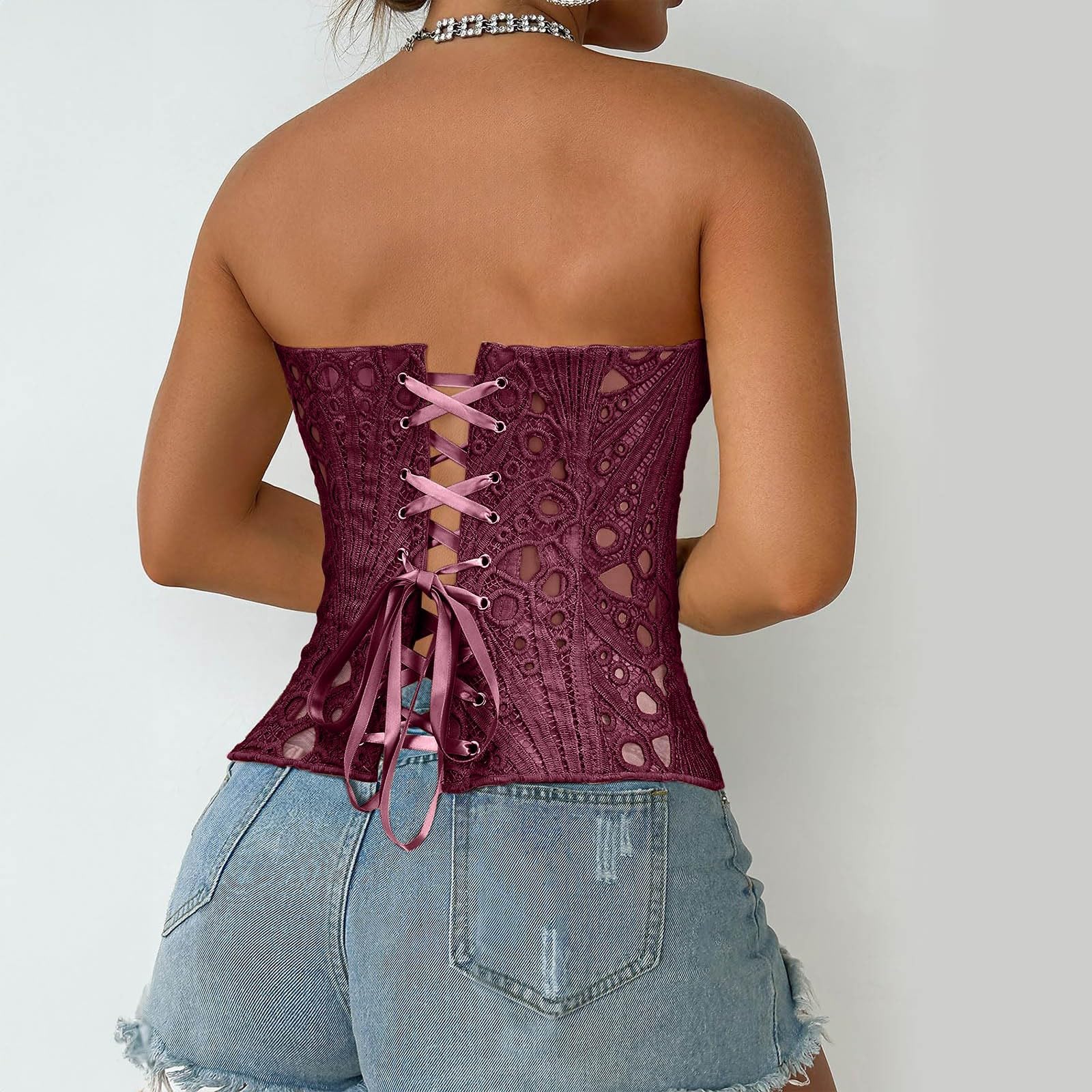 Corsetto top da donna scavato senza spalline overbust bustier pizzo shapewear lingerie senza maniche bodyshaper top Y2K sexy per uscire feste Clubwear corpetto