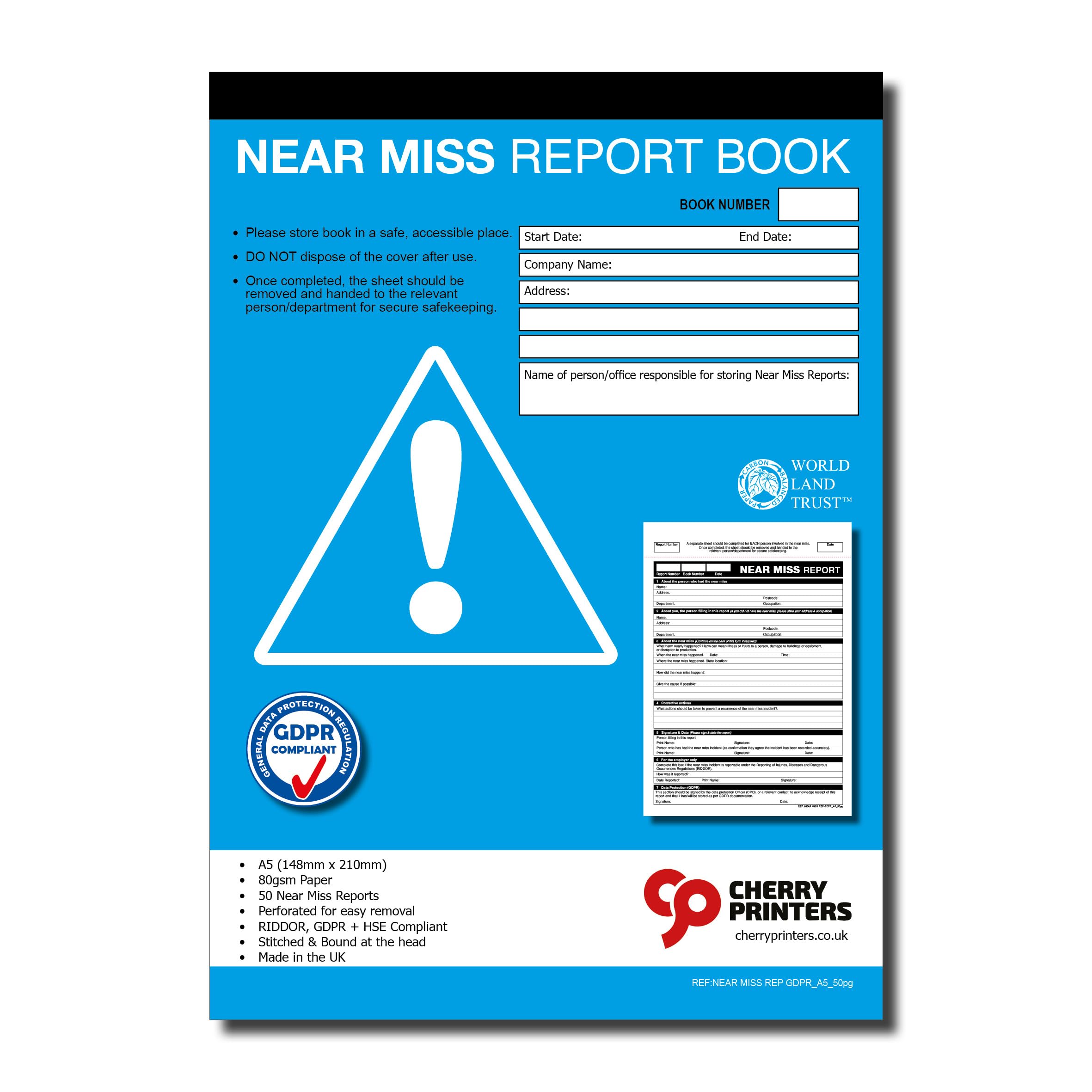 Cherry Printers Near Miss Report Book A5 | 50 Reports | GDPR RIDDOR & HSE Compliant| Perforated Sheets for Easy Filing| 80gsm Paper| Workplace Safety Incident Log| Hazard & Safety Reporting| 50 Pack