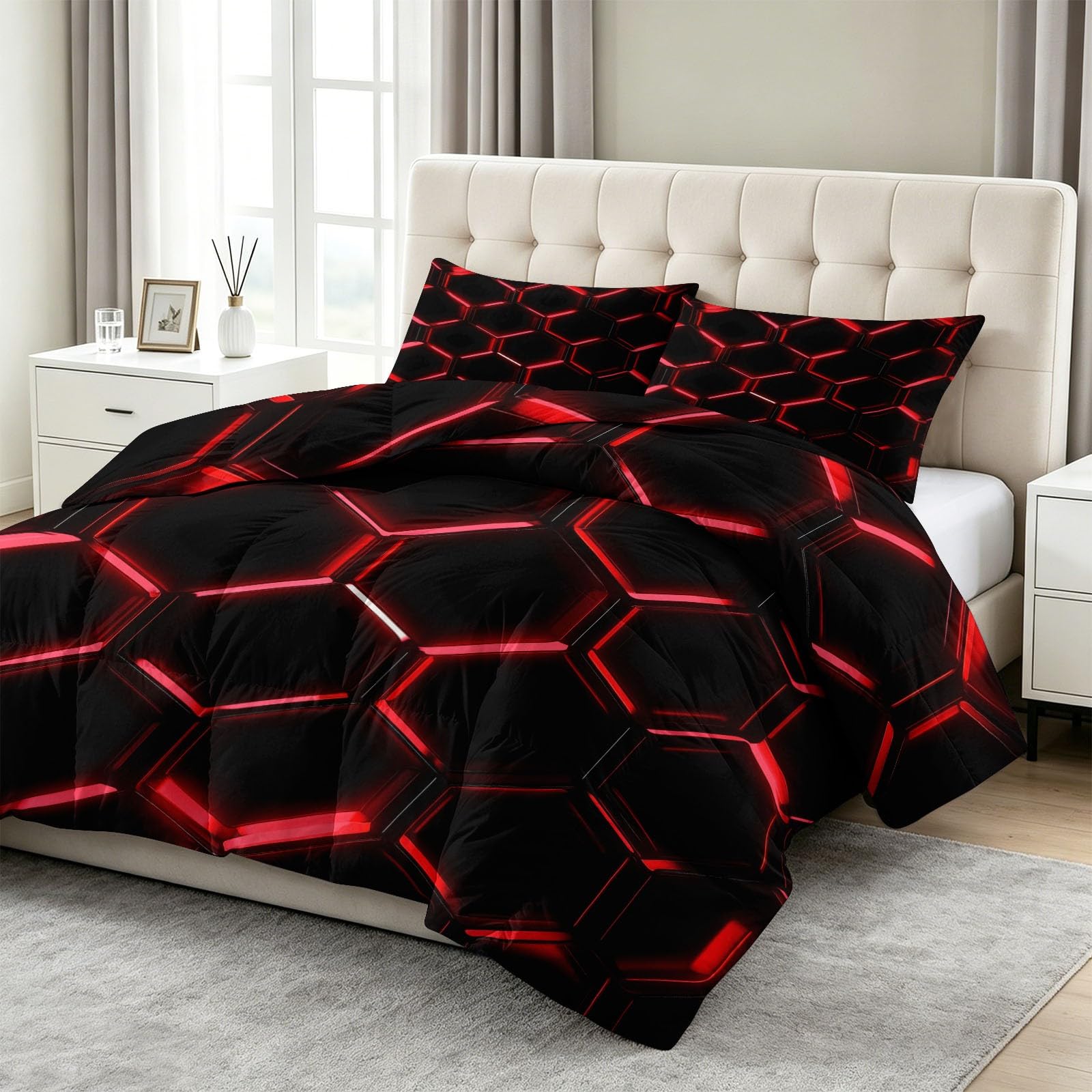 Ciemny khaki Kołdra 4 pory roku 200 x 200 cm Zestaw wszystko w jednym z 2 poszewkami na poduszki - Zintegrowana kołdra z oddychającej mikrofibry - Druk 3D i pikowanie w romby - Nowoczesny geometryczny