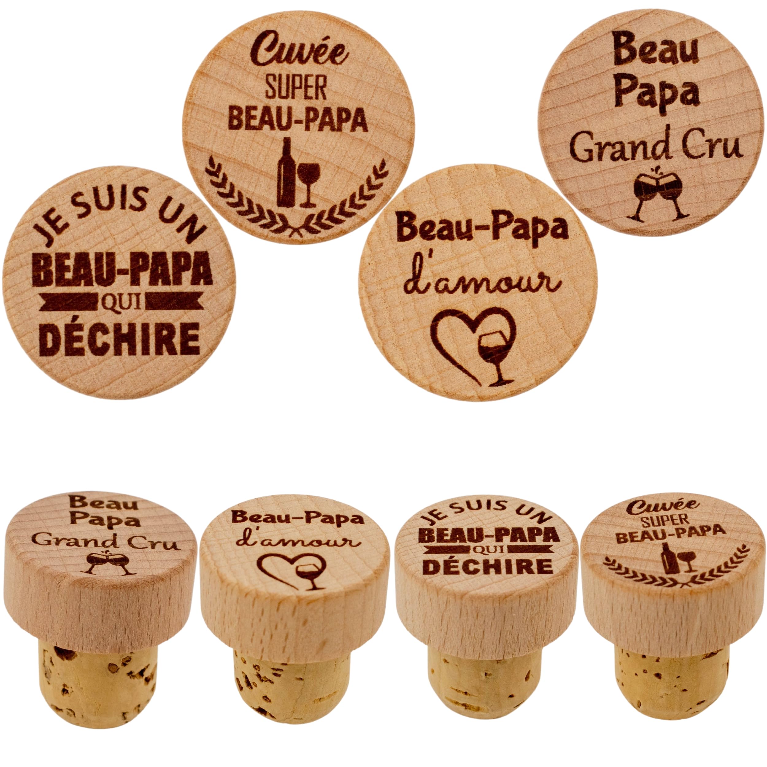 ERNESTINE - Lot 4 bouchons beau papa fête des pères - cadeau beau-père - idée cadeau fête des pères - cadeaux bouteille bouchon à vin - bouchon personnalisé - cadeaux homme anniversaire accessoire vin