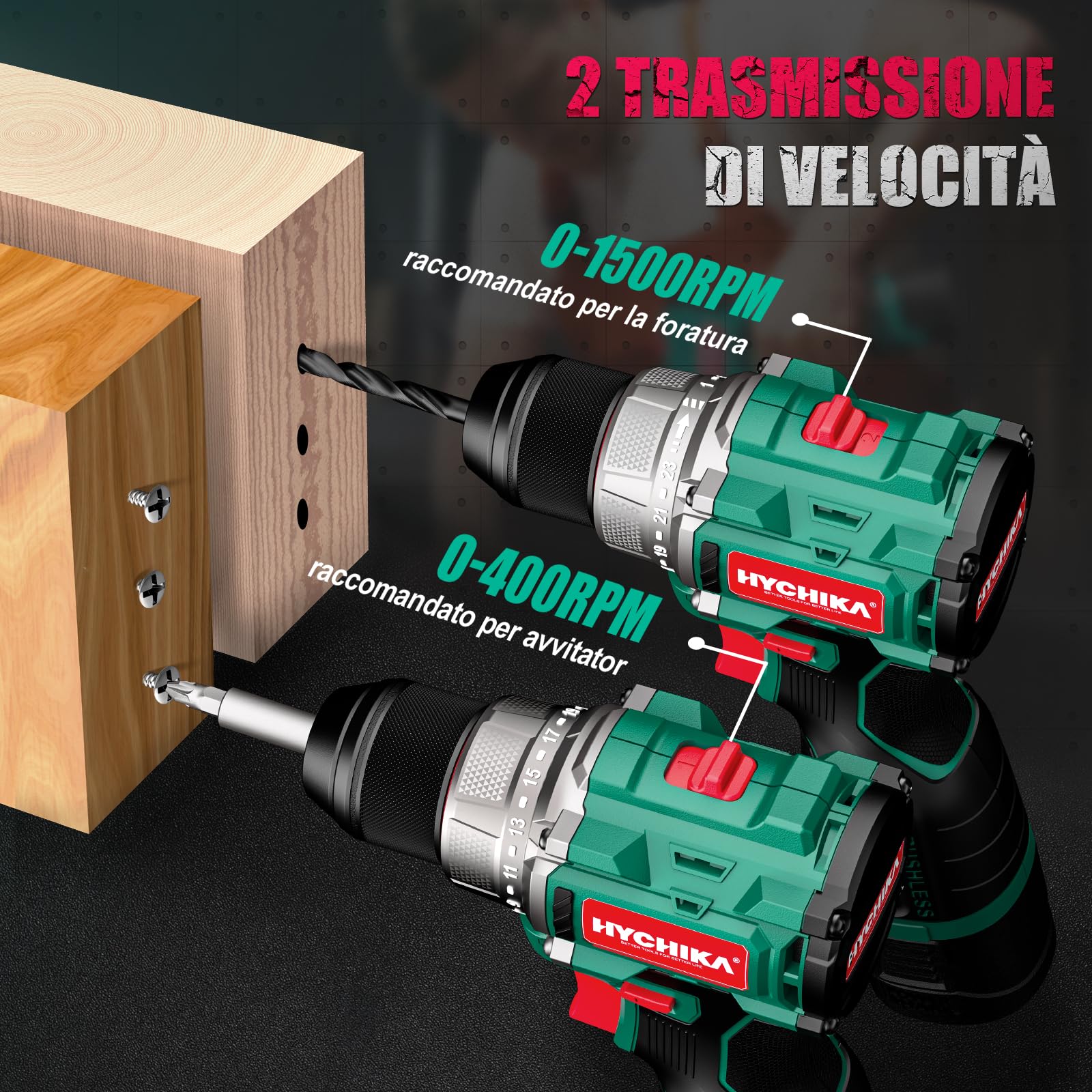 HYCHIKA Set di avvitatore e trapano a batteria 16,8V, motore senza spazzole, 45Nm max, 23+1 coppie di coppia, 53 pezzi, 2 velocità, luce LED, batteria da 1500mAh, cacciavite elettrico senza fili