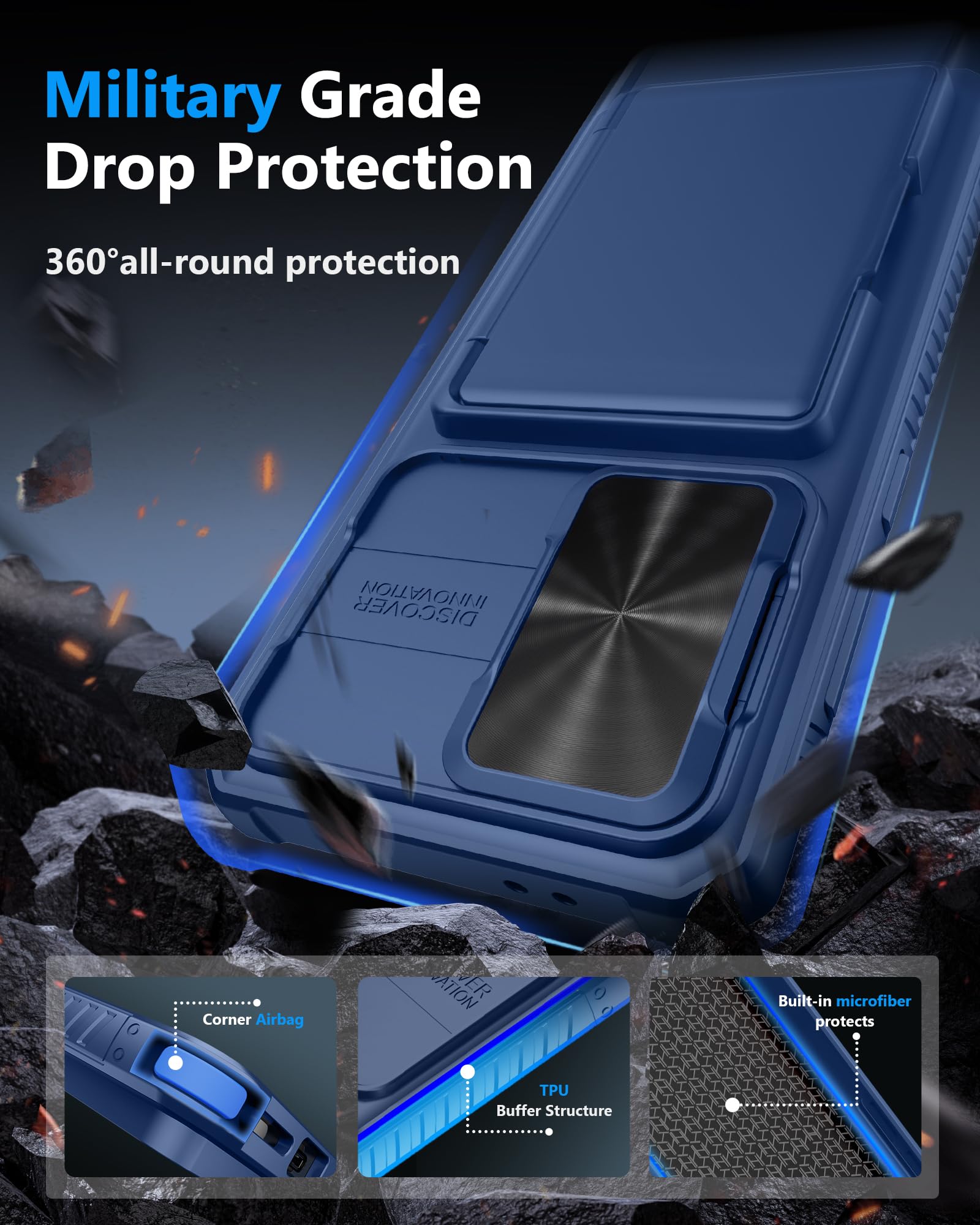 ATATOO Funda para Samsung Galaxy S24 FE con tarjetero (almacena 4-5 tarjetas) y funda para cámara deslizante y bloqueo RFID, protección de grado militar, funda tipo cartera de silicona resistente para