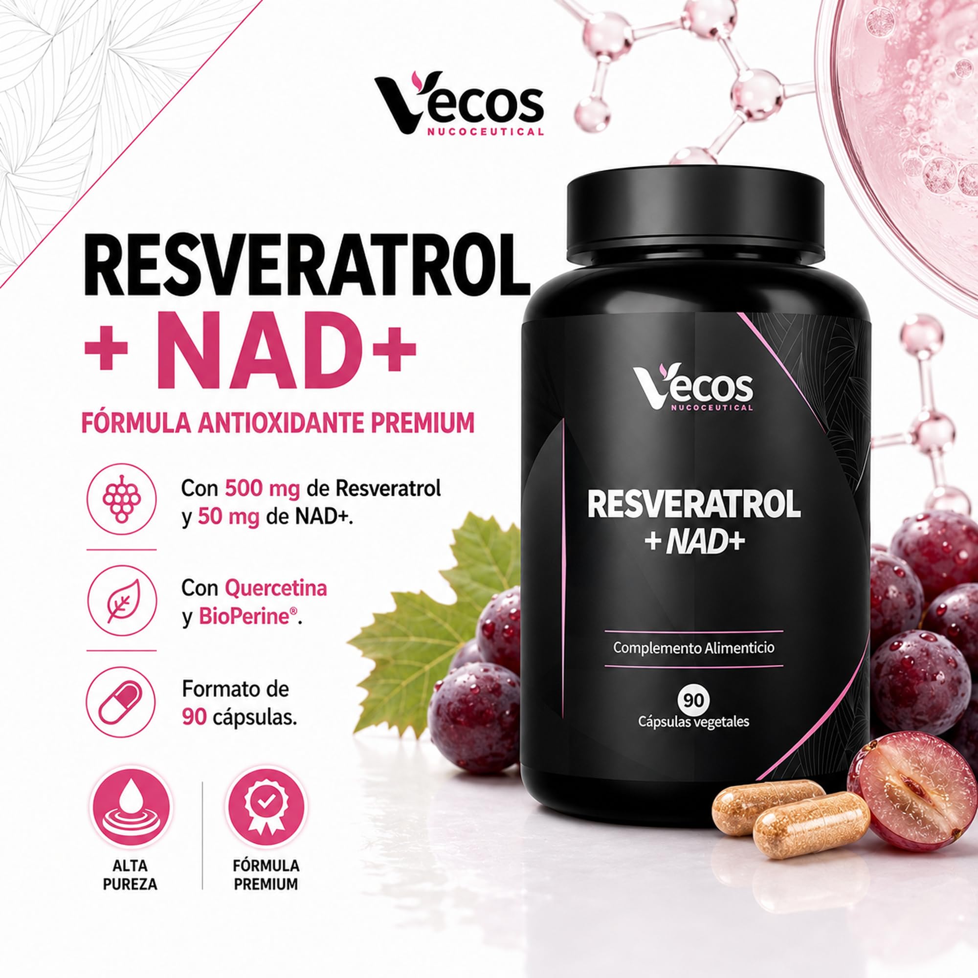 Resveratrol con NAD+, Quercetina y Bioperine – Energía Celular y Antioxidante Avanzado – 90 Cápsulas Veganas (180 Cápsulas (2 Botes))