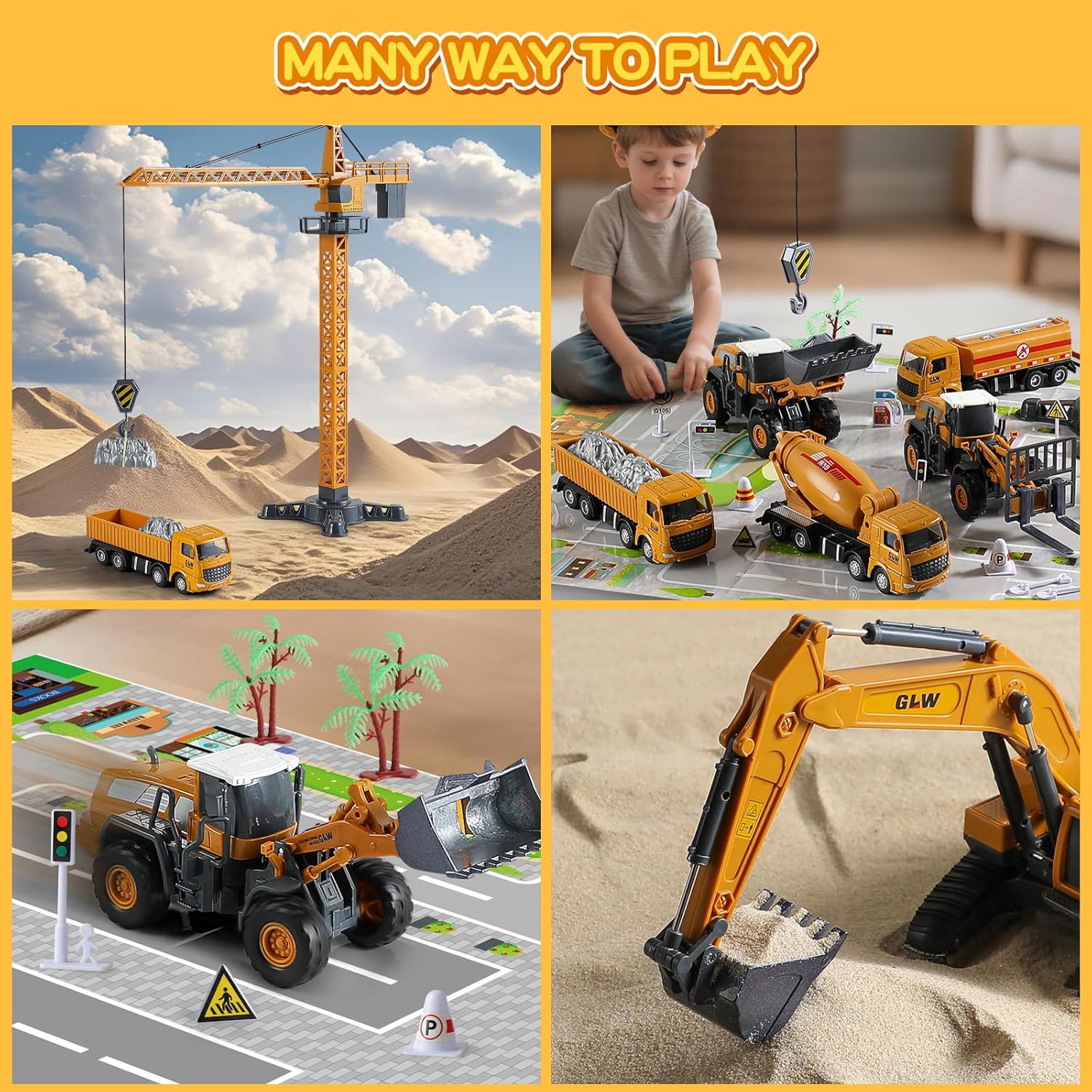 Construction Trucks Toy Set with Yellow Bus Storage and Play Mat – Alloy Inertia Driving Simulation Model Engineering Toys with Scenario Accessories – Ideal Gifts for Ages 3-8, Boys and Girls (8 in 1)