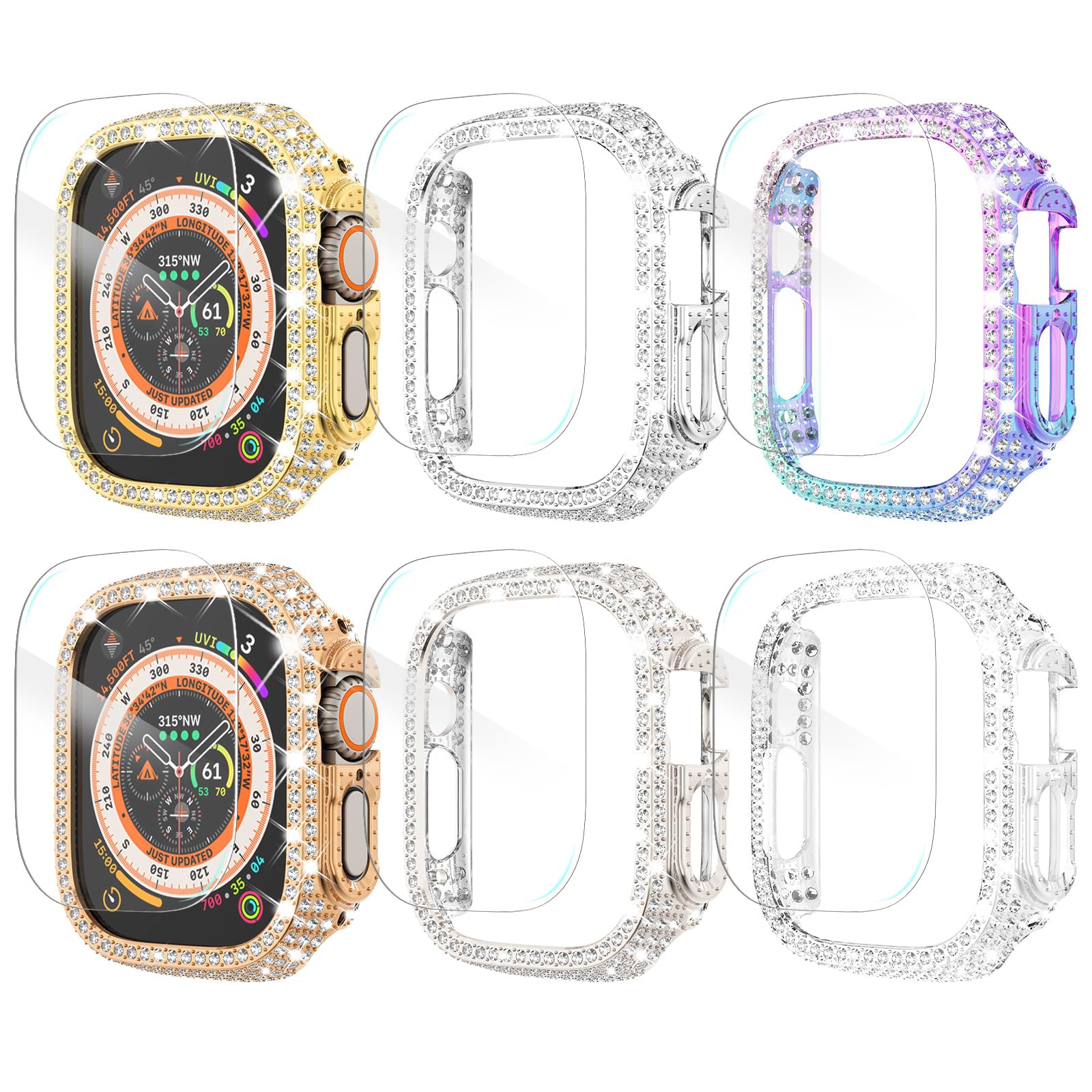 WINGLE Compatible with Apple Watch Screen Protector 44mm SE 3 2 1/ Series 6 5 4, Women Shiny Diamond Cover with Tempered Glass Screen Protector for Apple Watch Case 44mm,Clear — view 29