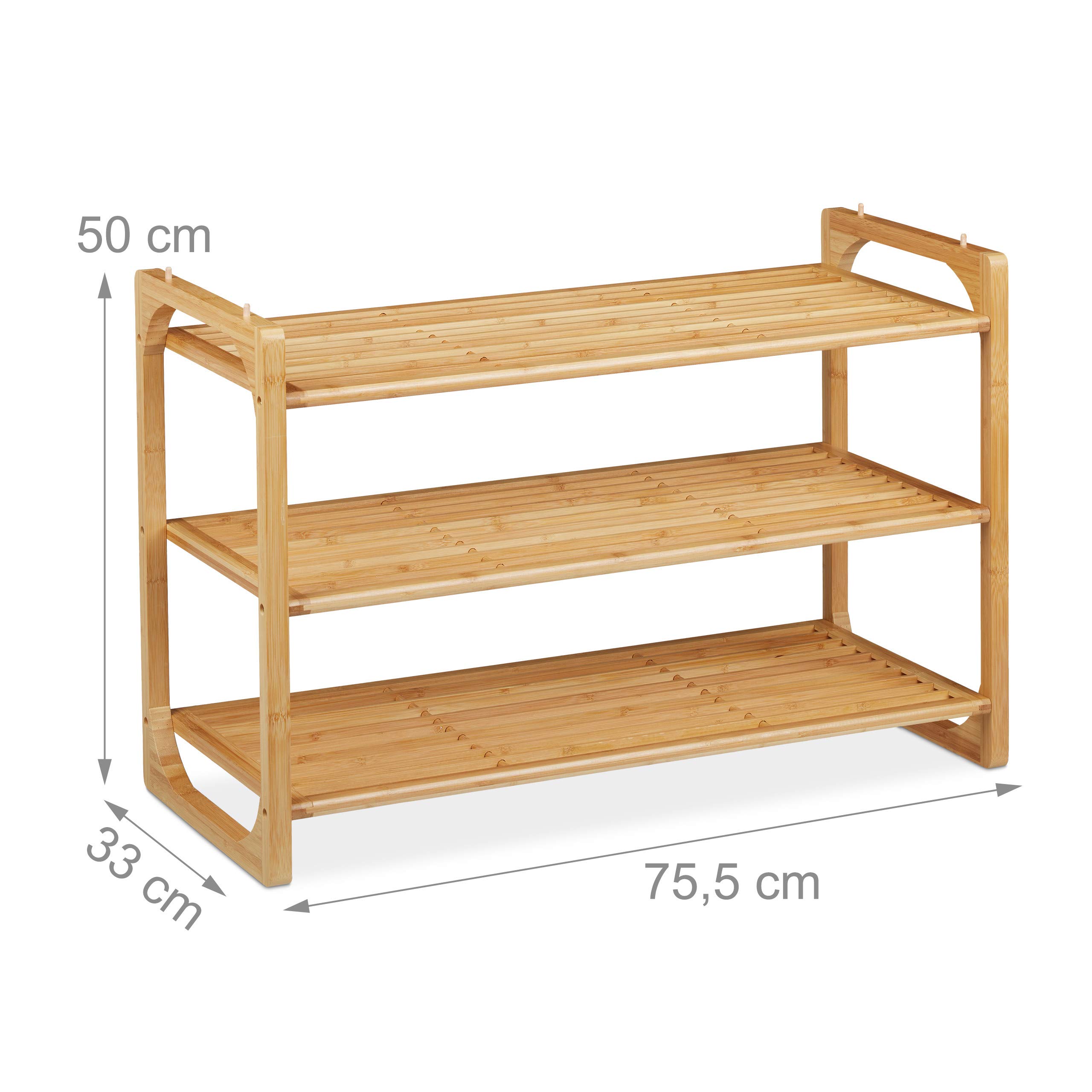 Relaxdays Scarpiera in bambù, Mobiletto Impilabile Porta Scarpe con 3 Livelli, Fino a 9 Paia, 50 x 75,5 x 33 cm,Naturale