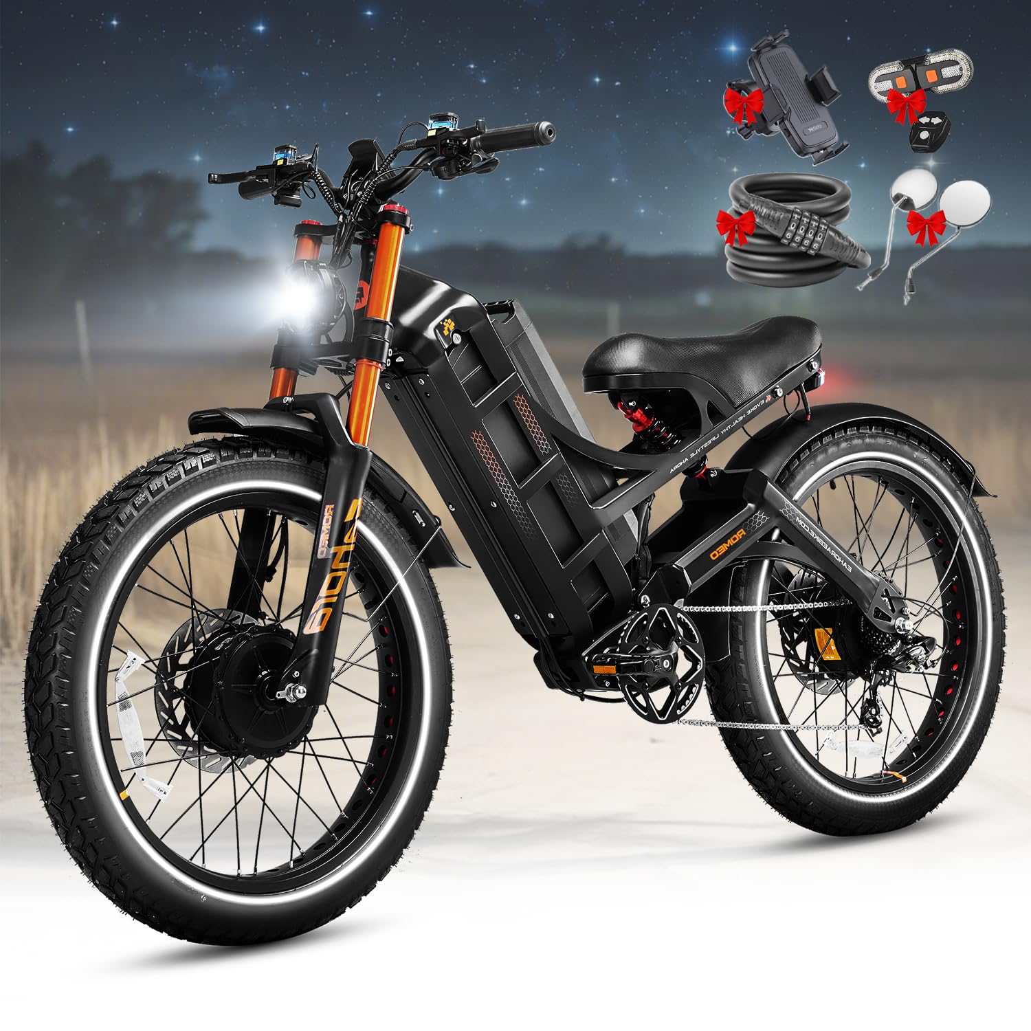 Eahora Romeo Pro Ⅲ/Ⅱ Ebike - Dual Motor 46-50MPH 5600W/4000W 60V 80Ah 200Miles Electric Bike for Adults, Long Range Electric Mountain Bike 26" Fat Tire Air Full Suspension E-Bike