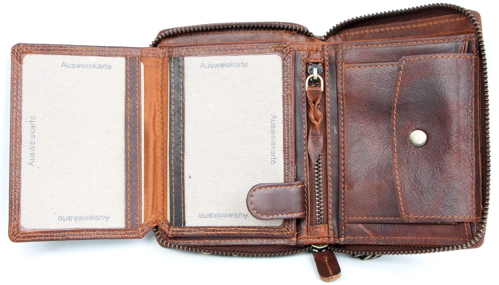 FLW Billetera marrón Estilo Motero Zip Alrededor de Cuero Genuino con Cadena de Metal