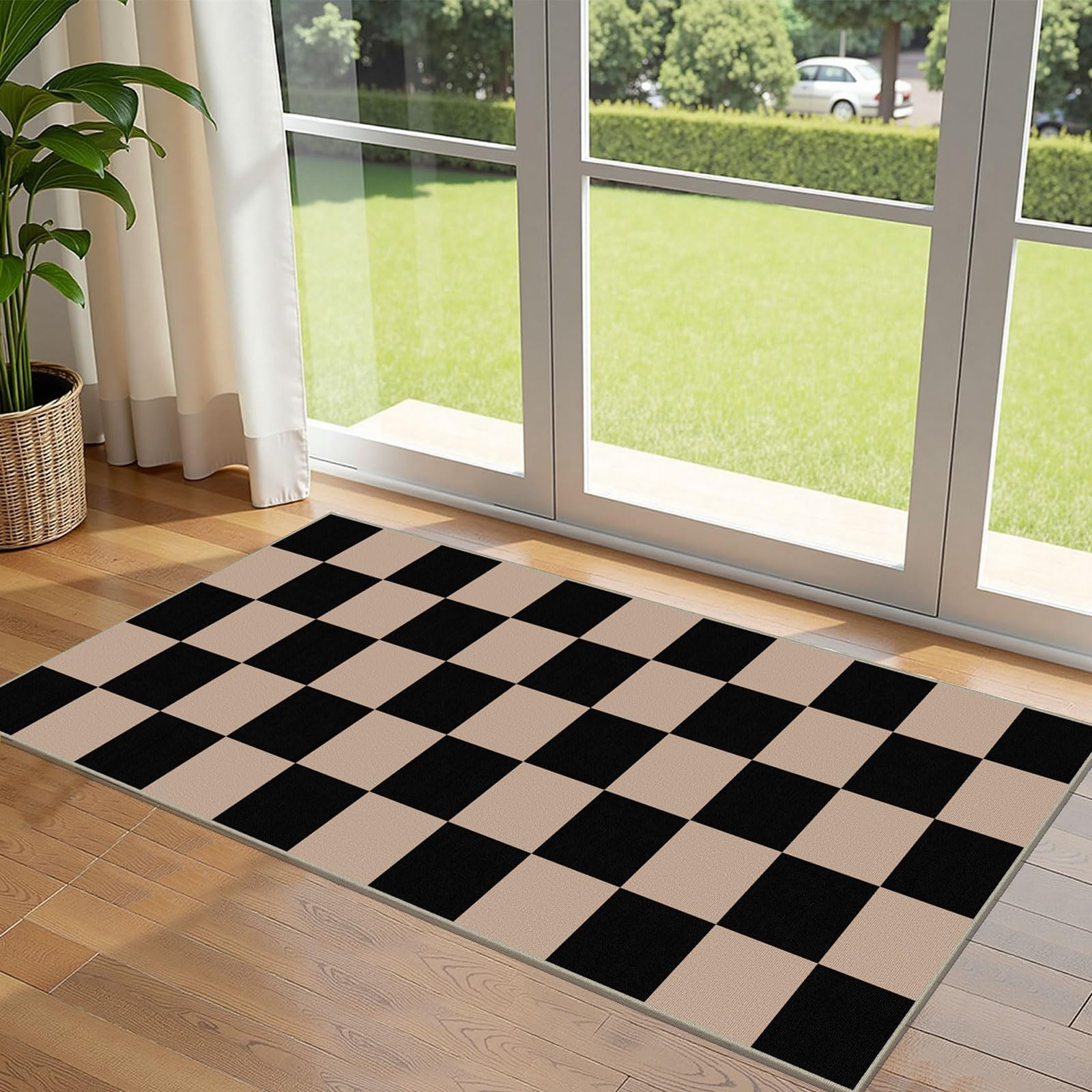 Othilic Front Door Mat Indoor Entrance - 2x4.3 Ft Black Tan Non-Slip Washable Doormat Outdoor Entrance Porch Rug Geometric Checkered Runner Rug for Kitchen Hallway Bedroom Laundry Room Porch Decor — image 1