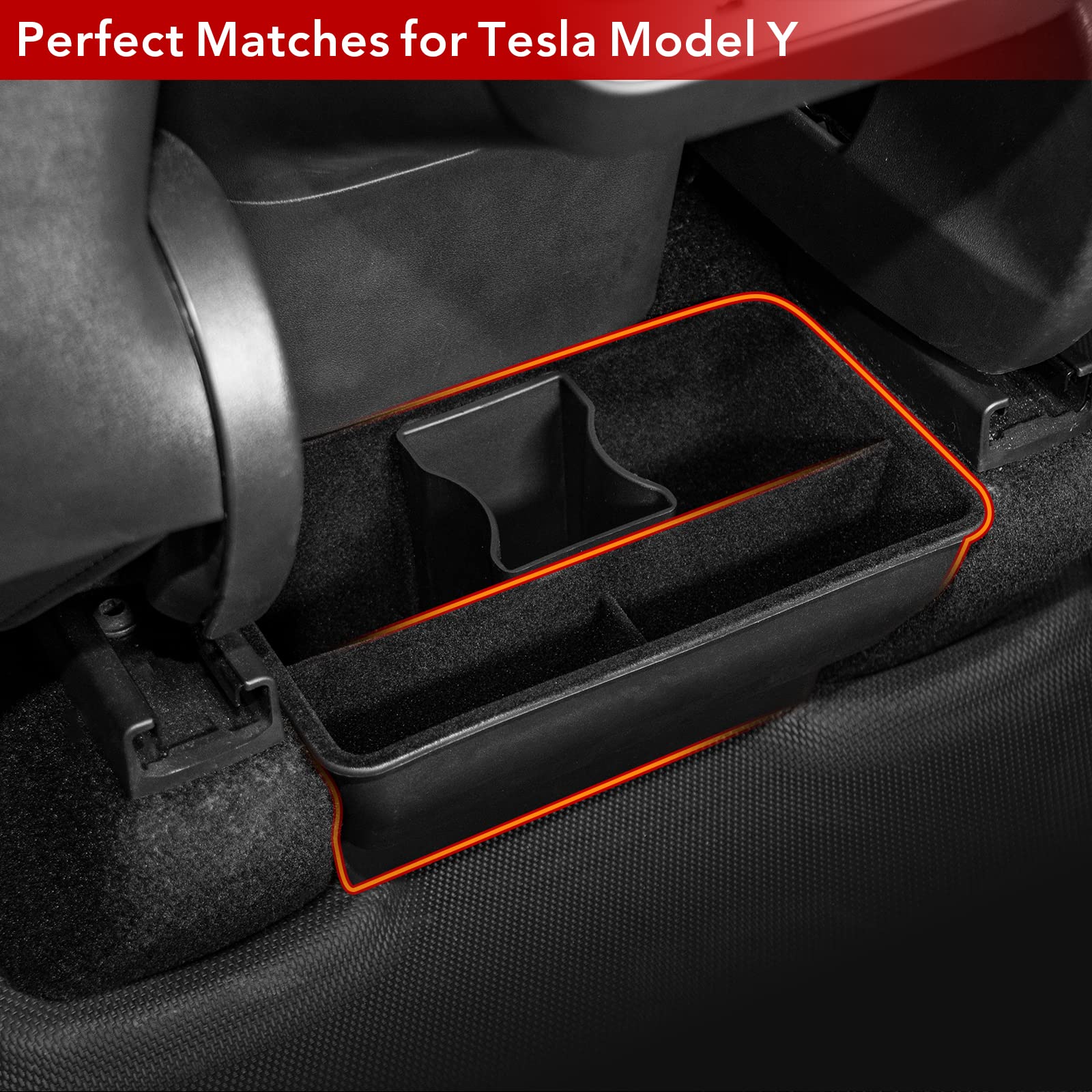 Basenor Tesla Model Y Rear Center Console Organizer ABS Flocking Backseat Storage Box Rear Middle Bin and Cup Holder for Model Y 2020 2021 2022 2023