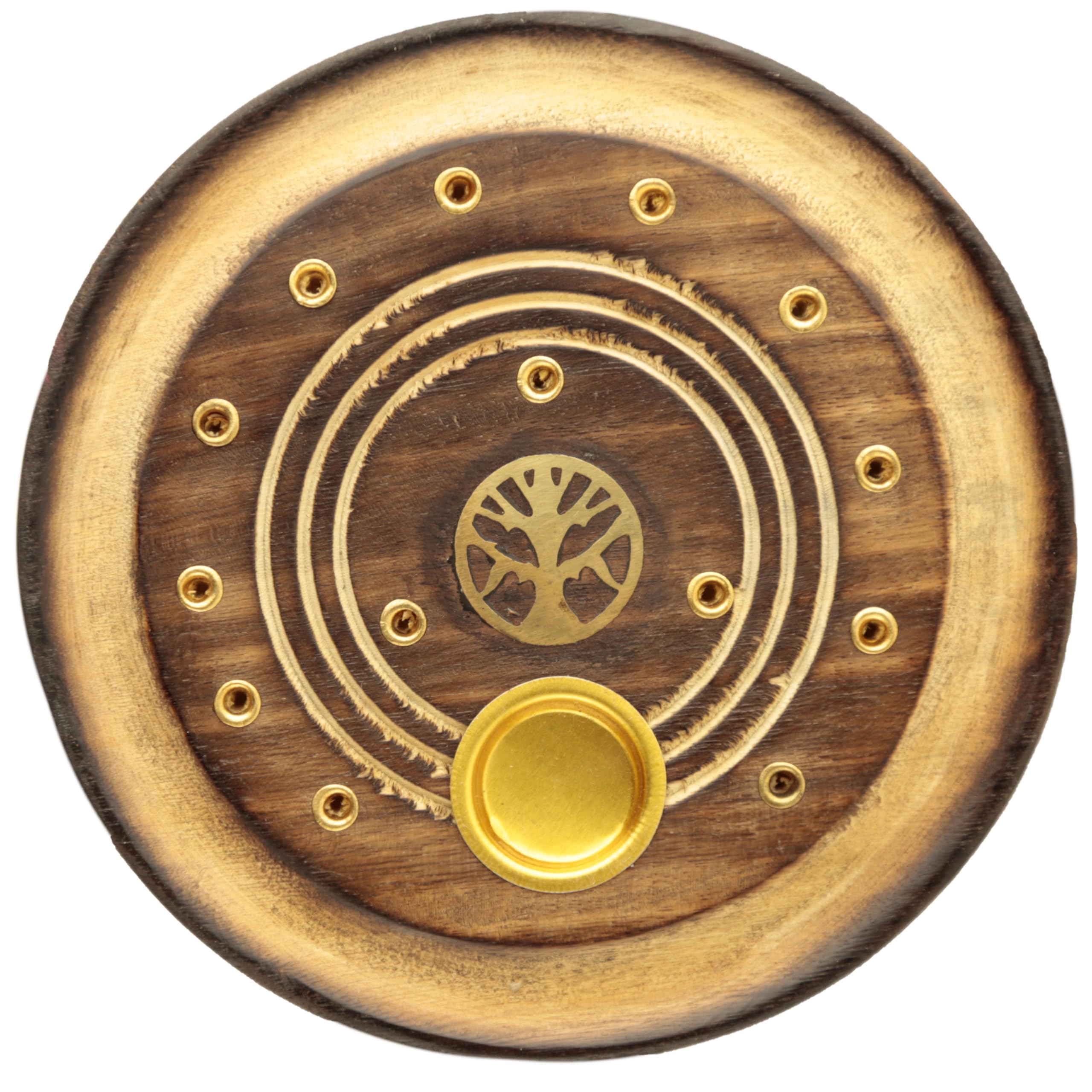 Decorative Round Wooden Incense Burner with Tree of Life