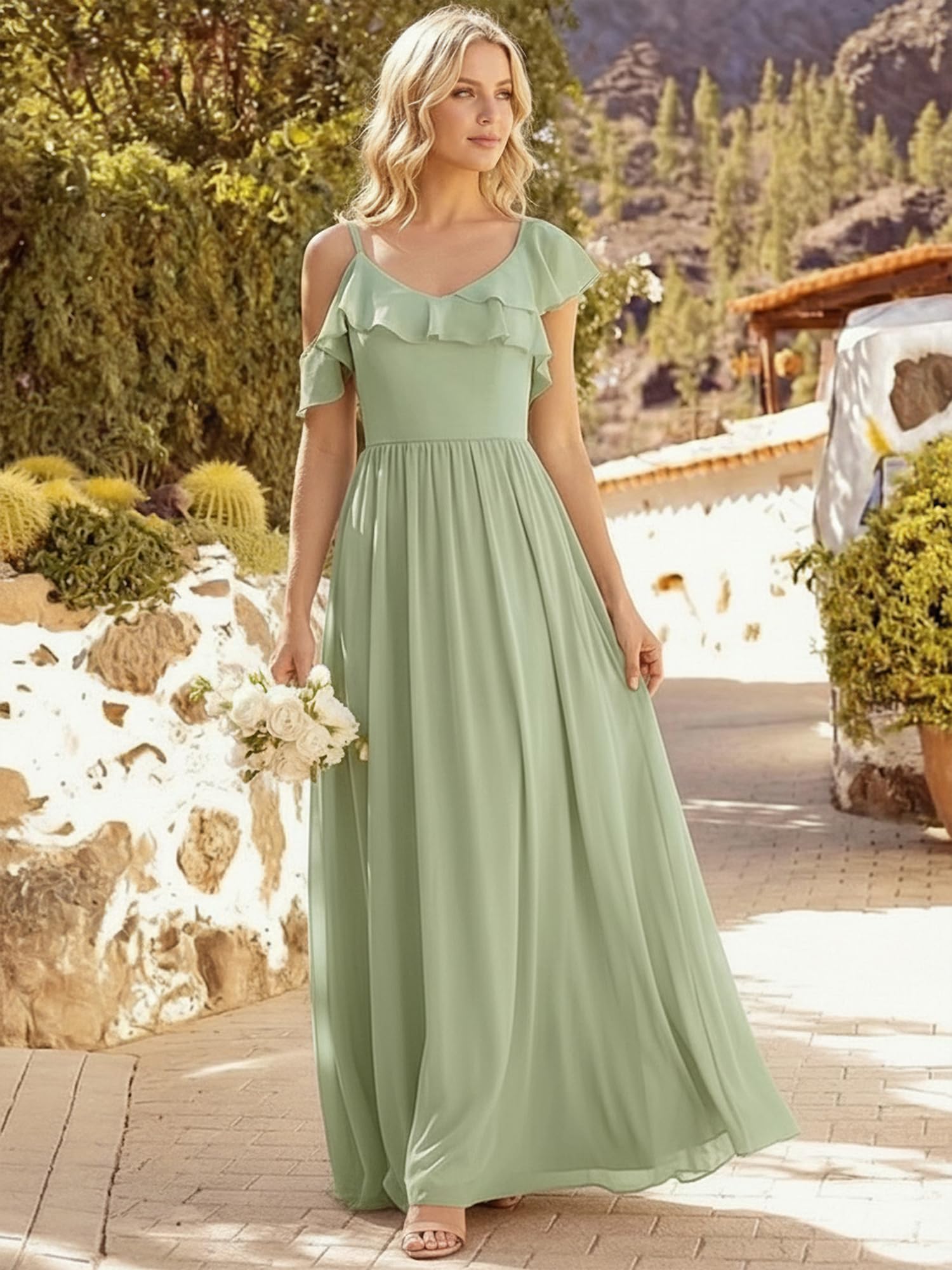 Ever-Pretty Abiti da Damigella Collo Asimmetrico Maniche Corte Chiffon Maxi Gonna Svasata ES02709