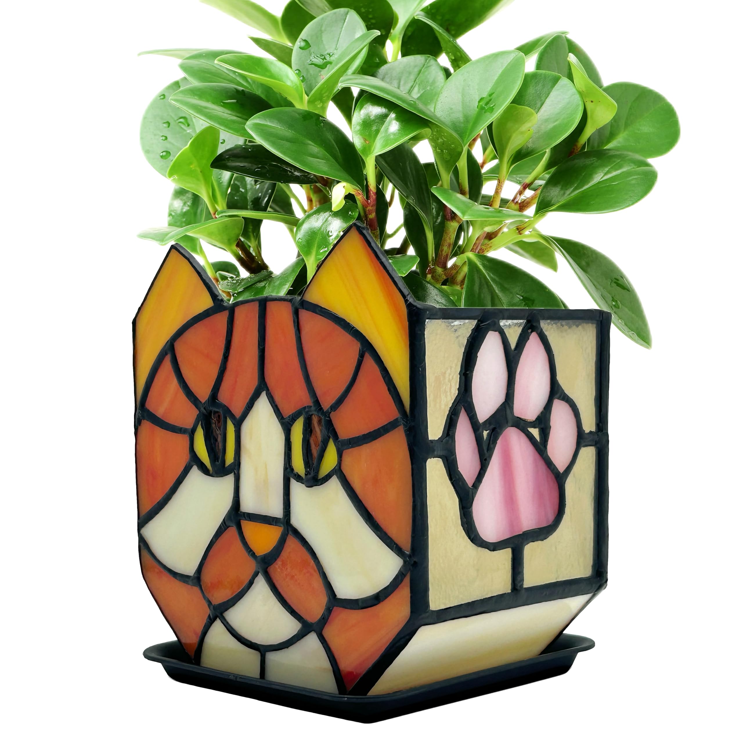 Entlityful Stained Glass Orange Cat Planter,Indoor Flower Pots with Drainage,Cute Succulent Planter,Unique Orange Cat Flower Pot,Gifts for Plant