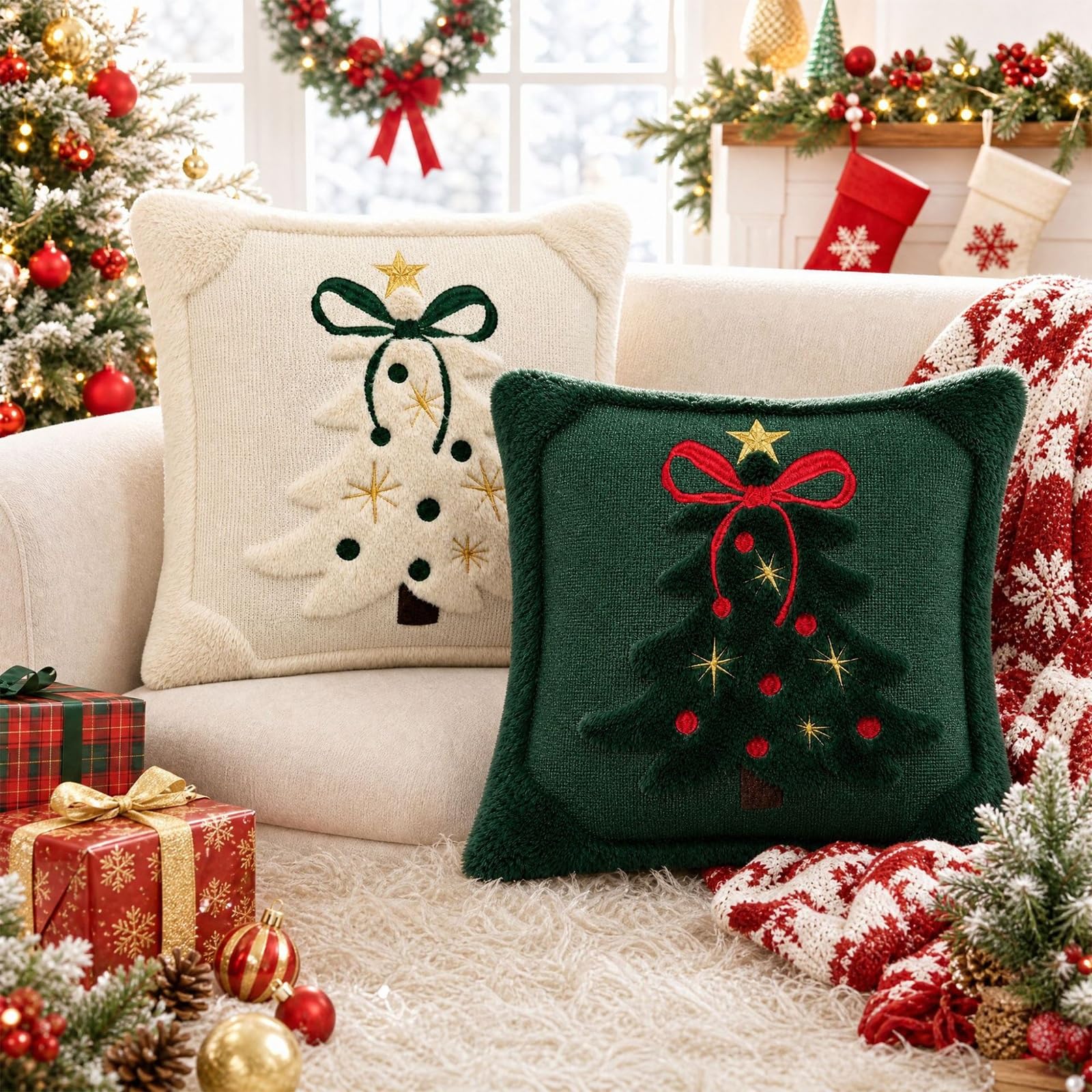 Cojín Decorativo con Forma De Árbol De Navidad De 45 X 45 Cm, Cojín Cuadrado Decorativo Acolchado 3D con Lazo, Almohada Cuadrada Suave Y Afelpada para Sofá Sillón Dormitorio(W+g)