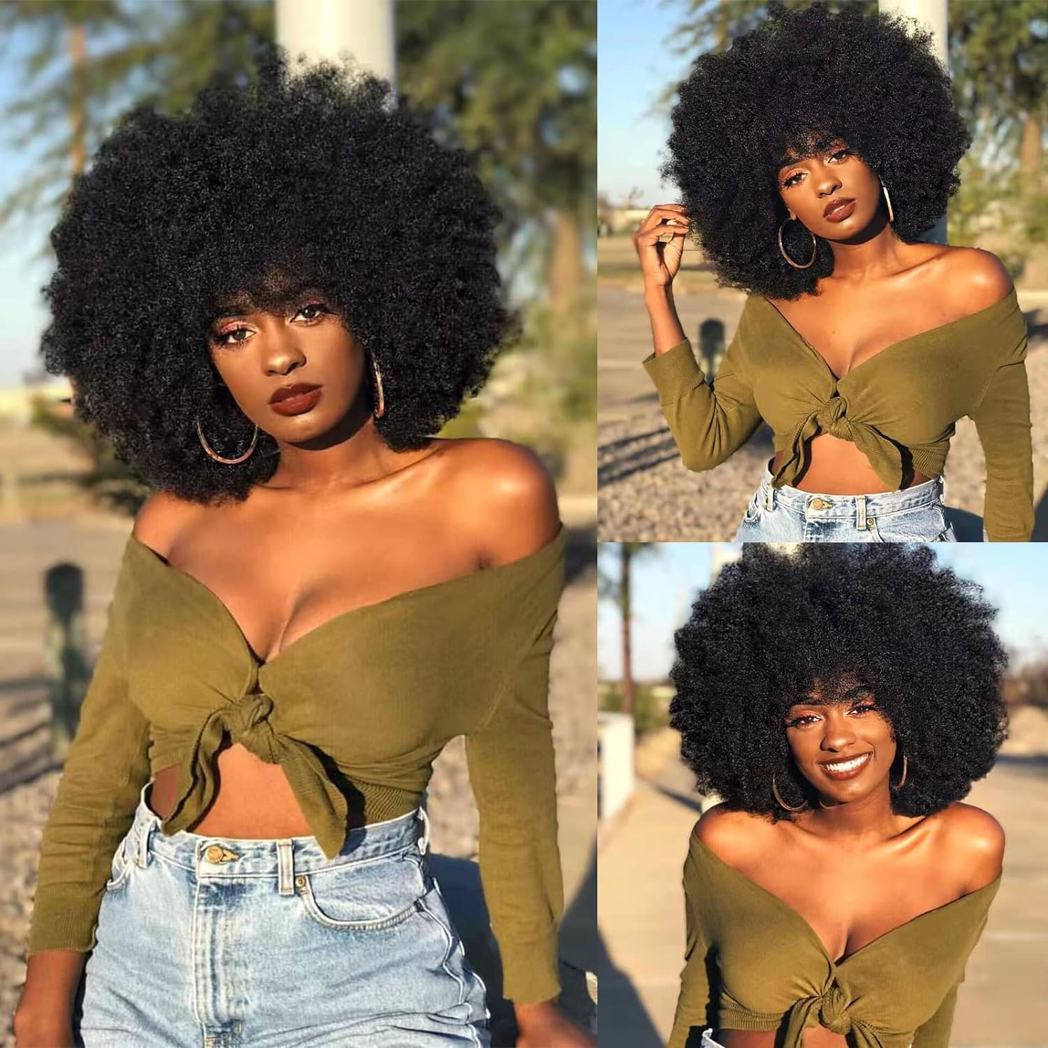 Afro Wigs for Black Women Short Curly Afro Wig 70s Bouncy Huge Fluffy Puff Wigs Premium Synthetic for Cosplay and Daily(Black)