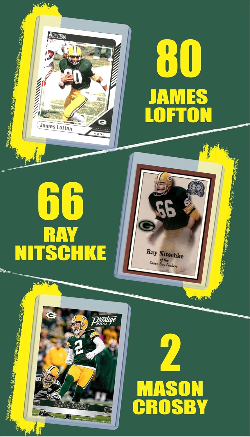 Green Bay Packers Football Legends Cards: Brett Favre, Bart Starr, Reggie White, Aaron Rodgers, Donald Driver, Ahman Green, James Lofton, Ray Nitschke, Mason Crosby (9) Assorted GOAT Card Hall of Fame Gift Pack