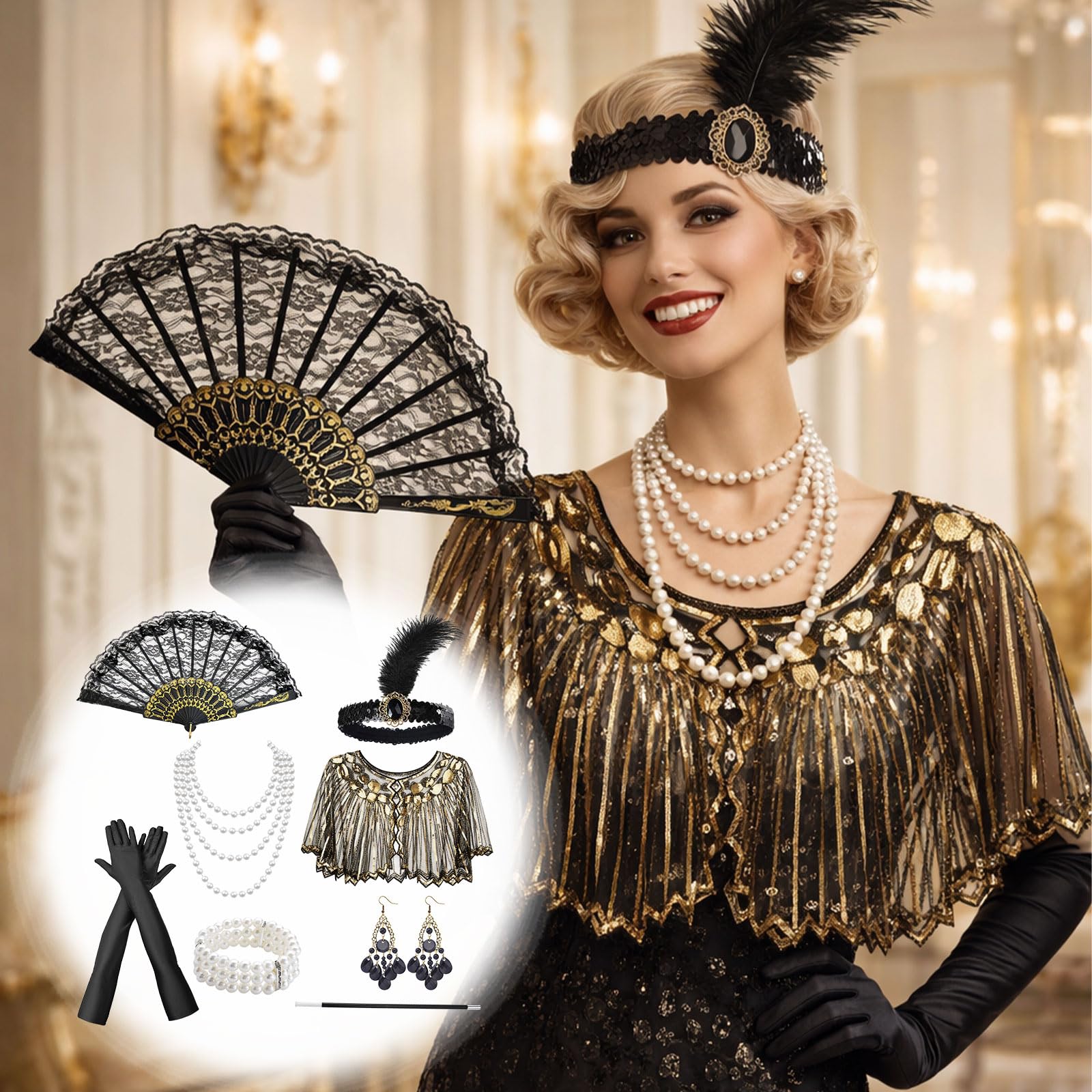 Zestaw akcesoriów Flapper Great Gatsby z lat 20., akcesoria Gatsby, dla kobiet, zestaw tematyczny z opaską na głowę, rękawiczki, naszyjnik, kolczyki, koronka, składany wachlarz, dla kobiet