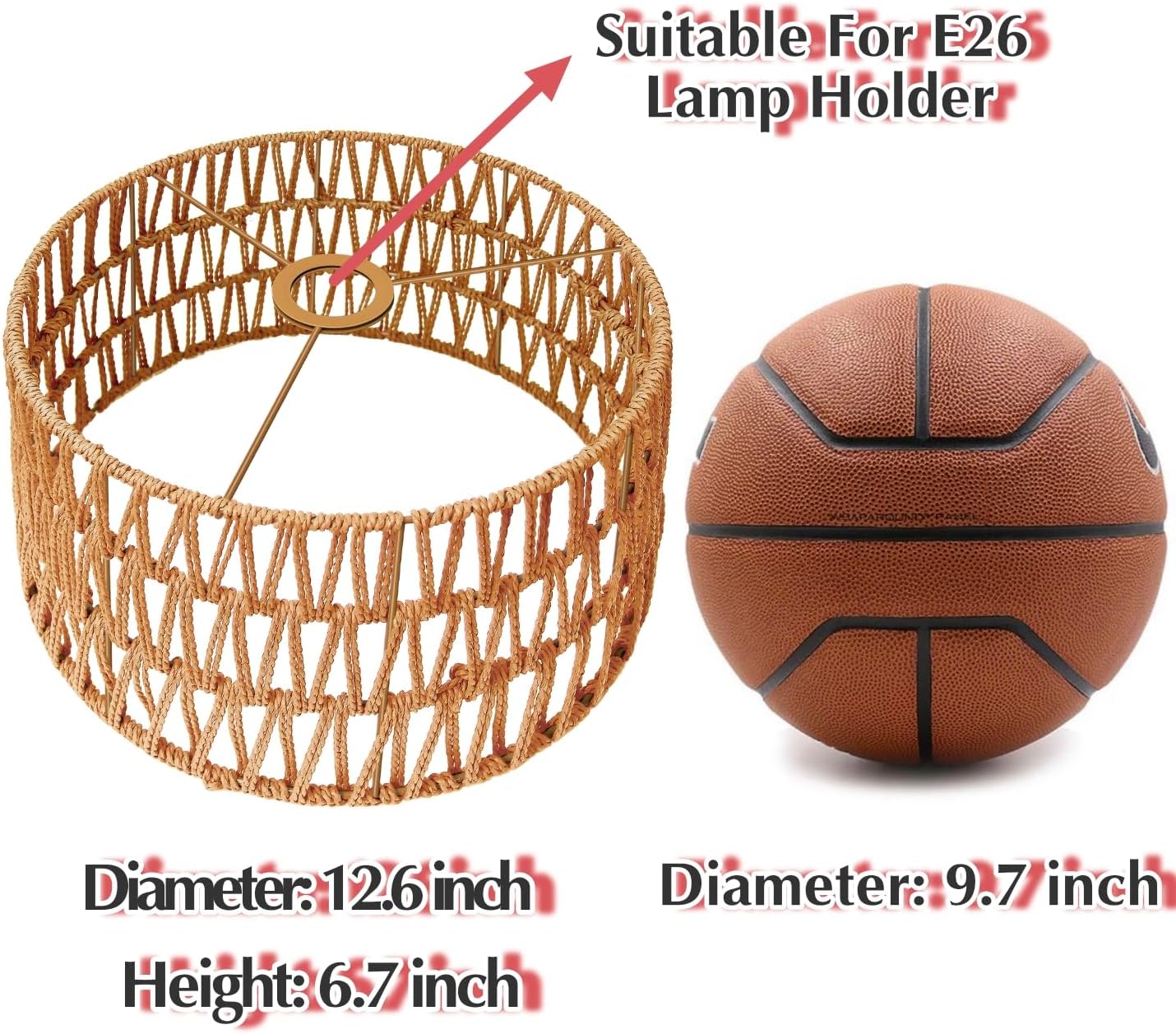 Rattan Lamp Shade(20\"×8\"), Hanging Pendant Lampshade, Boho Drum Lamp Shades For Floor Lamp, Vintage Wicker Hanging Lamp Shade For Living Room, Woven Lampshades for Wall Sconces 20 Inch-Barrel Shade, Center 3.5”. 