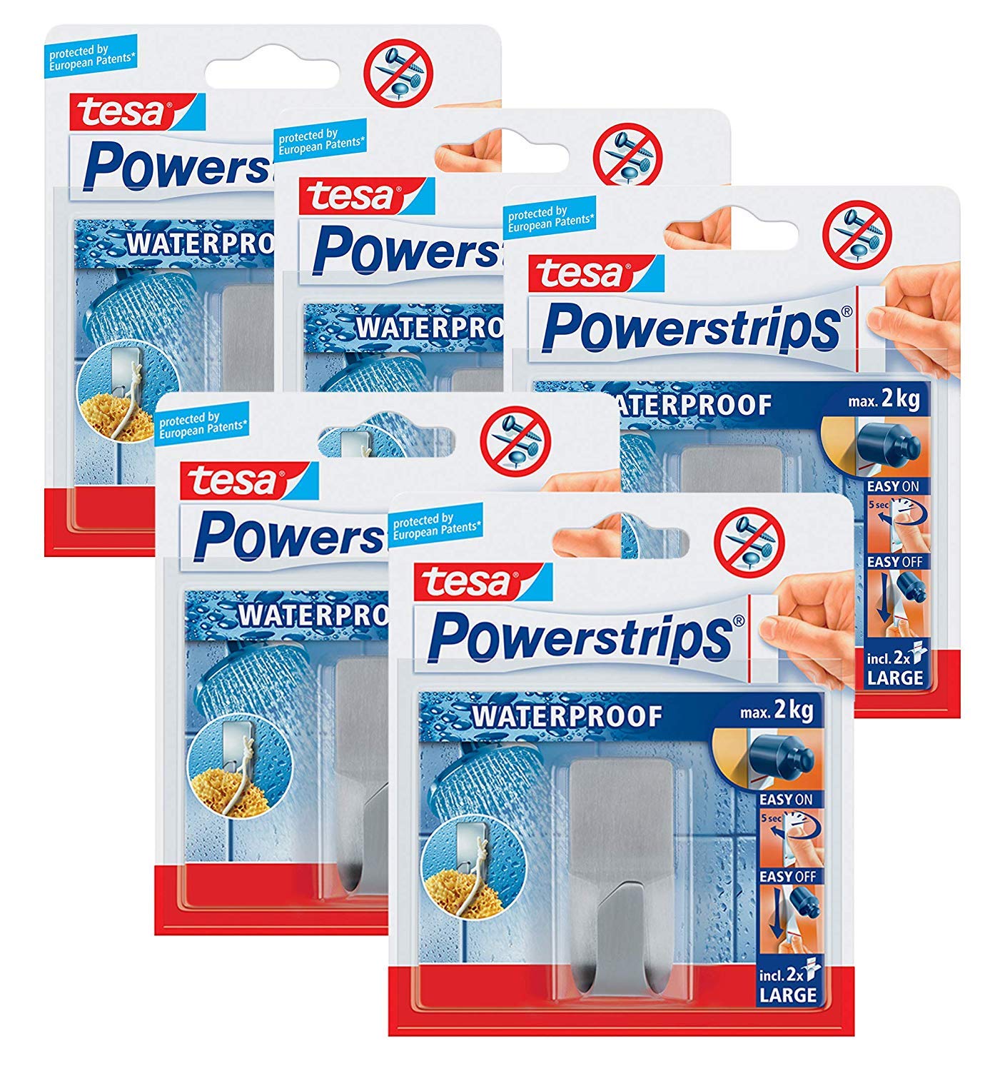 tesa Powerstrips Waterproof Haken Zoom Metall - Wasserfester Klebehaken aus Edelstahl für Badezimmer und Dusche (5, Haken)