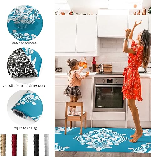 Miniatura 6 de Kitchen Rug Mats Set of 2 Piece Luxurious Floral Blue Non Slip Cushioned Rug Abstract Flower Anti-Fatigue Washable Comfort Floor Mat Carpets Home