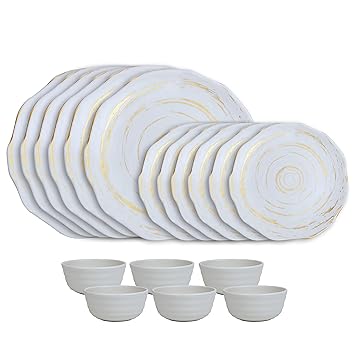 Pack of 18 White and Gold Premium Melamine Dinner Set - Plates and Bowls Dinner Set - Full Plates Small Plates with Bowls. (Gold - 6-6-6)