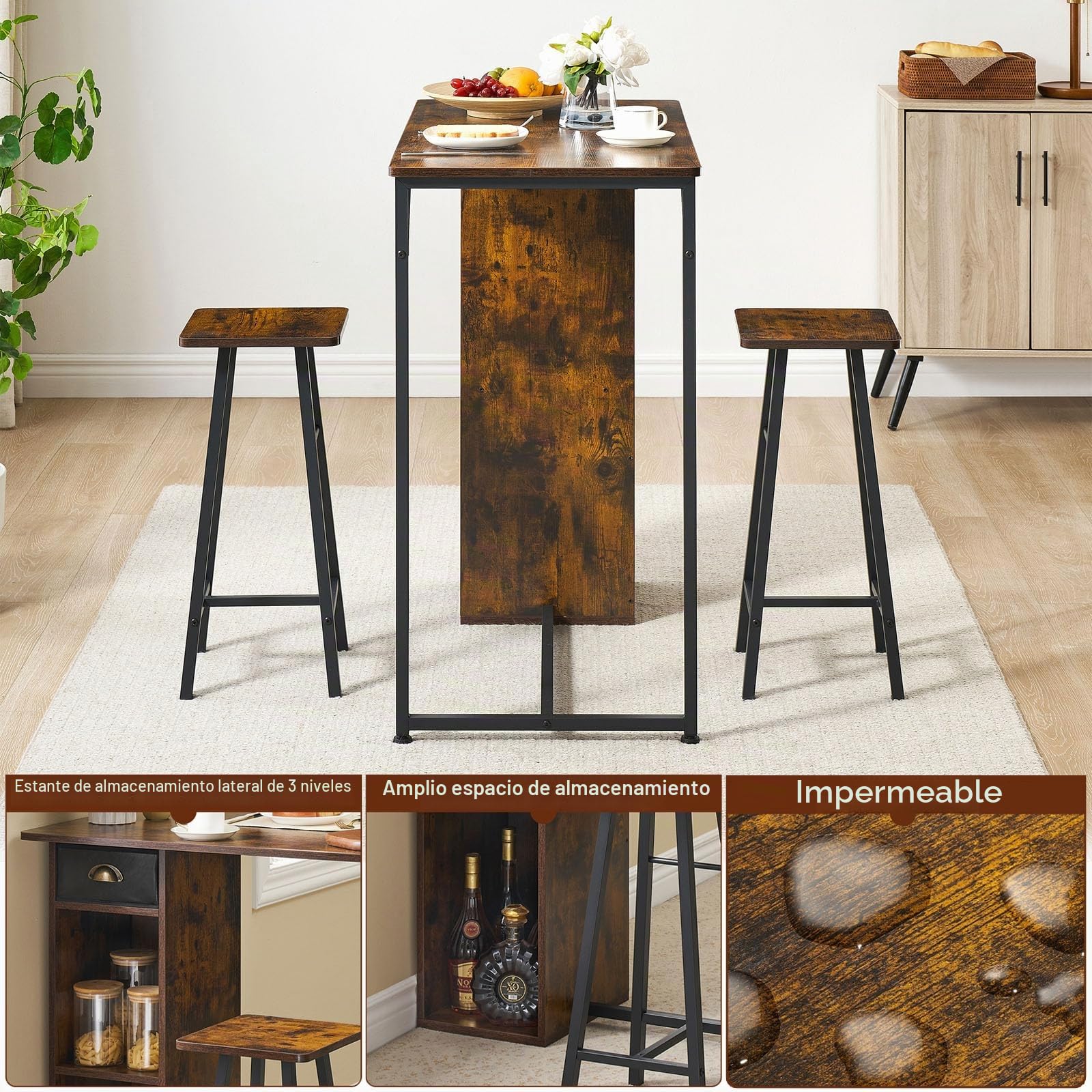 Garvee Con 1 Caja 02 Modelo 1+2 Set De Mesa Alta y Taburetes con Almacenamiento, Mesa Cocina, Mesa Alta Cocina, Diseño De Tela Gris