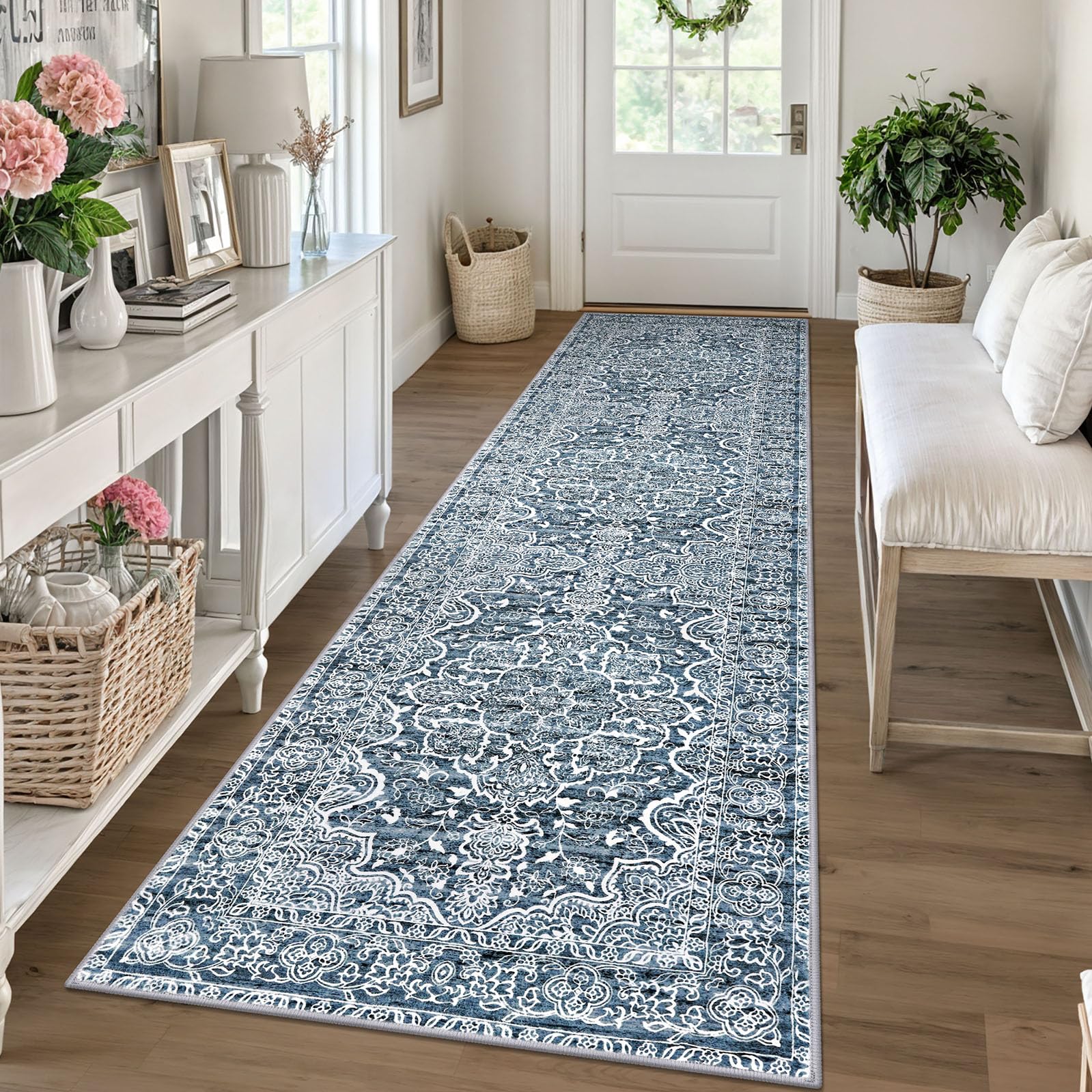 KUTA Vintage Runners for Hallways 2.6x10 Non-Slip, Blue White Washable Kitchen Rug Ultra Soft Printed Distressed Traditional Medallion Floor Carpet