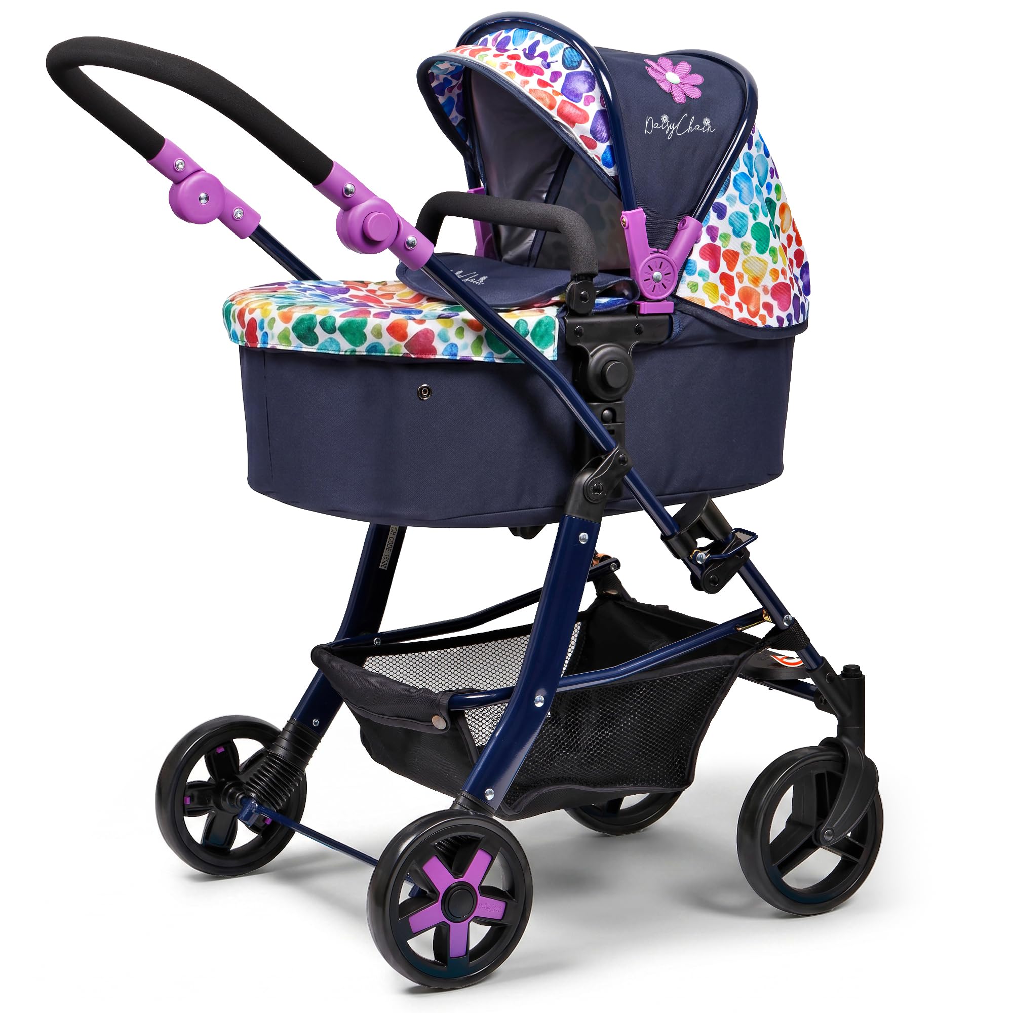 Daisy Chain Connect 5 in 1 Dolls Pram – Adjustable Handles From 48-85cm - For 4,5,6,7 and 8 Year Old Girls – Baby Doll Pram, Pushchair, Stroller (Rainbow Hearts)
