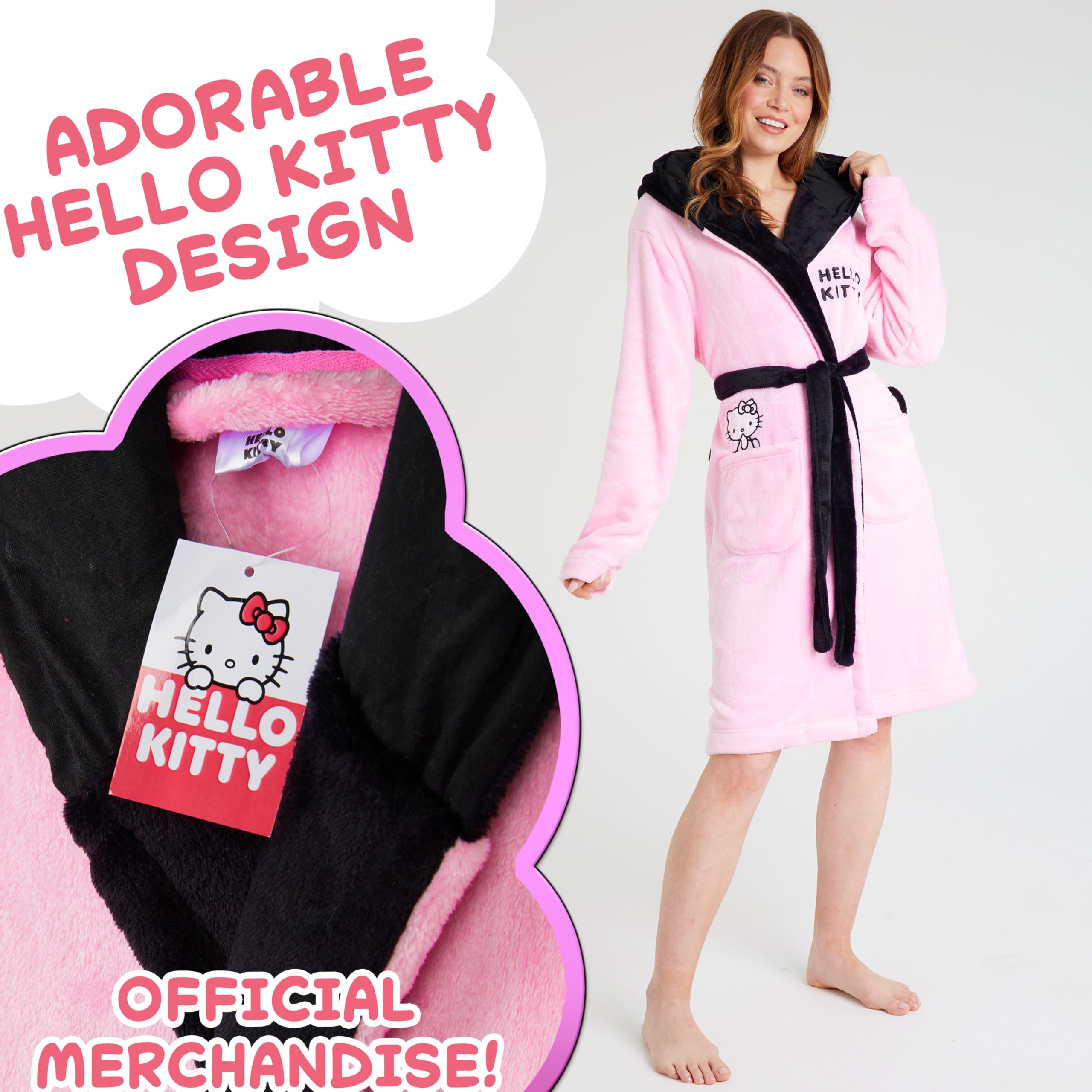 Hello Kitty Sanrio Accappatoio Donna Adolescenti con Cappuccio Pile Accogliente, Abbigliamento da Casa, Anime Regalo Donna