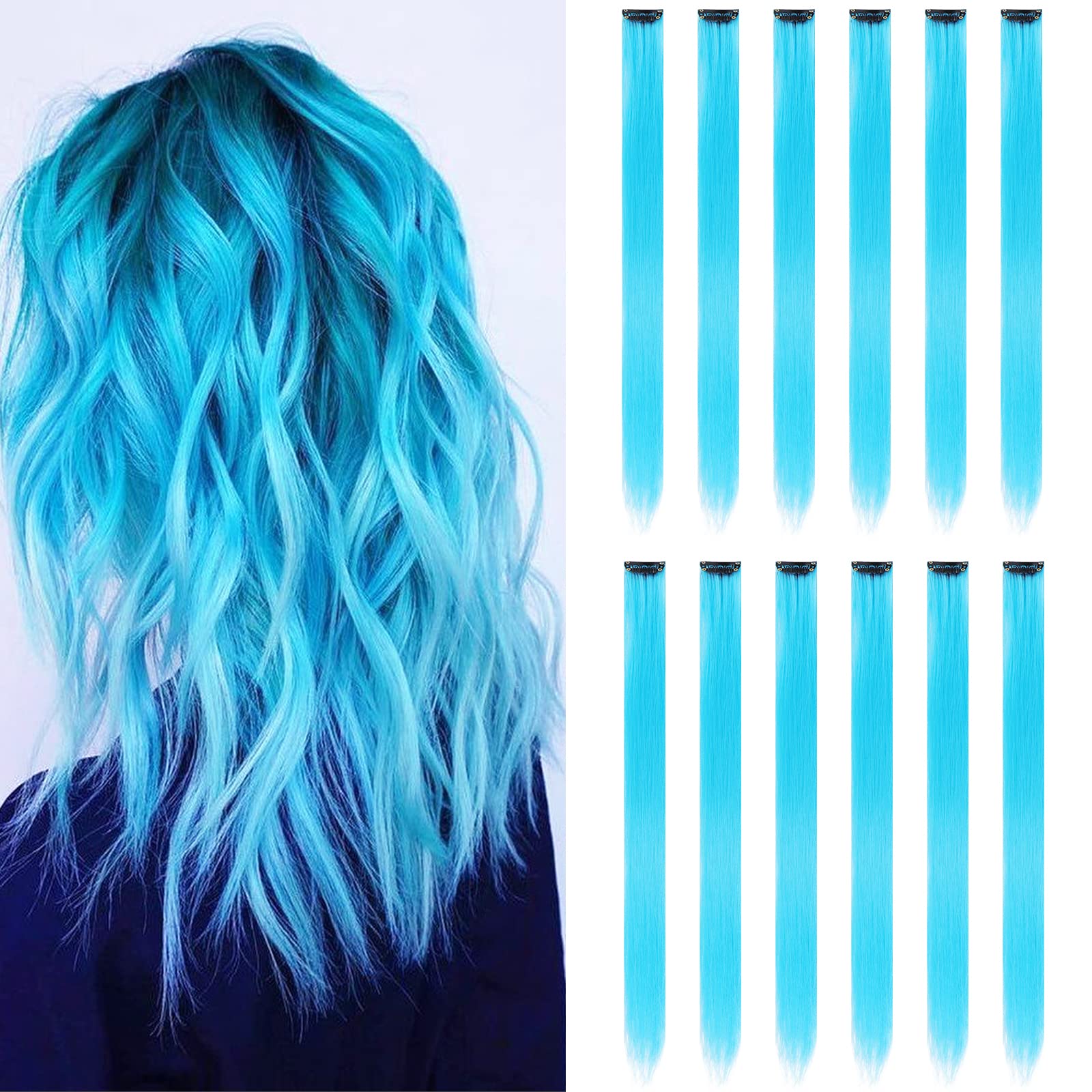 12PCS Colored Sky Blue Hair Extensions Party Highlights Colorful Clip in Hair Extensions 22 Inch Straight Synthetic Hairpieces for Women Kids Girls