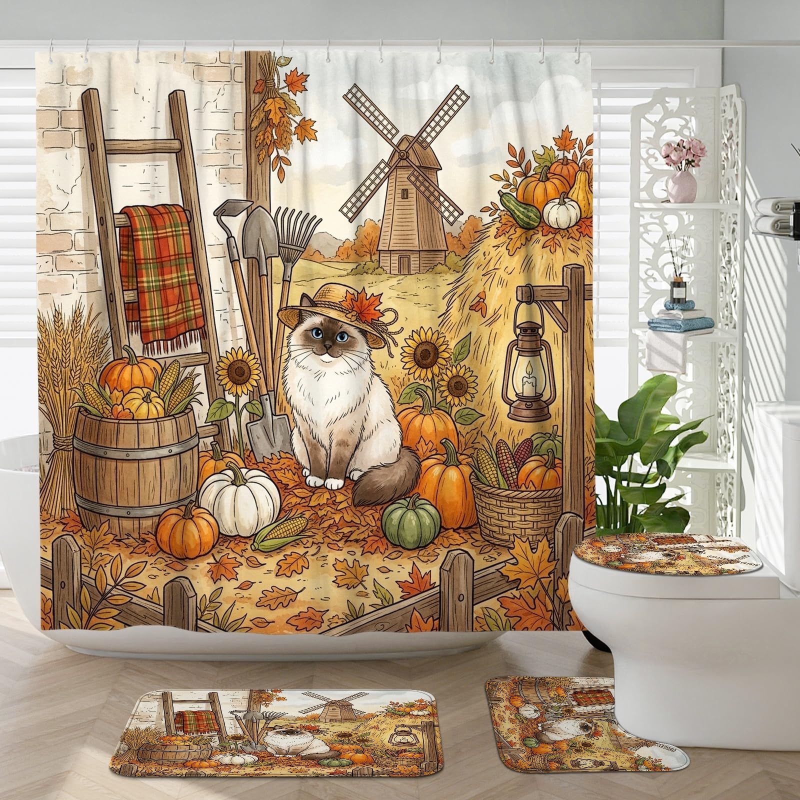 Rideau de douche chat 183x183 cm pour décoration de salle de bain d'automne