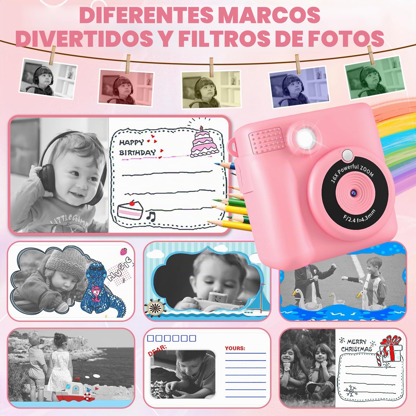 CHRERNA Camara Fotos Infantil Instantanea, 2,4" HD Camara Fotos Infantil, 1080P Cámara Instantánea con Tarjeta de 32GB y Papel de Impresión, Regalo para Niños y Niñas 3 a 12 Años