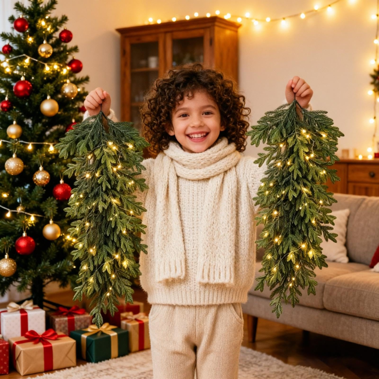 Swag de Navidad para escaleras decoración de pared con verde abeto