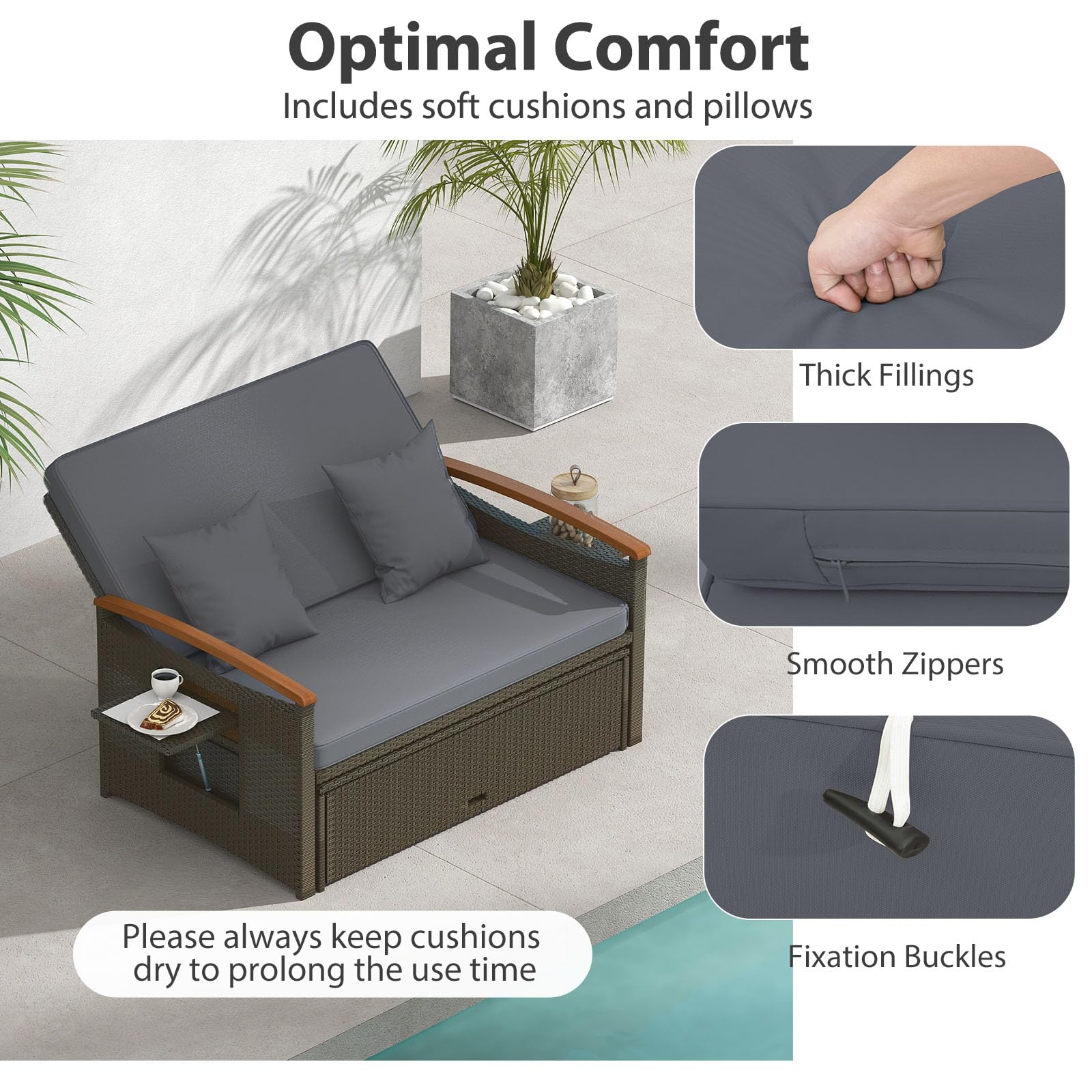 LIFEZEAL Rattan Gartenlounge Set, Lounge Möbel Outdoor, Gartensofa mit Liegefunktion, Outdoor Sofa mit Stauraum, Loungemöbel 2 Personen für Garten, Terrasse & Balkon (Grau+Schwarz)
