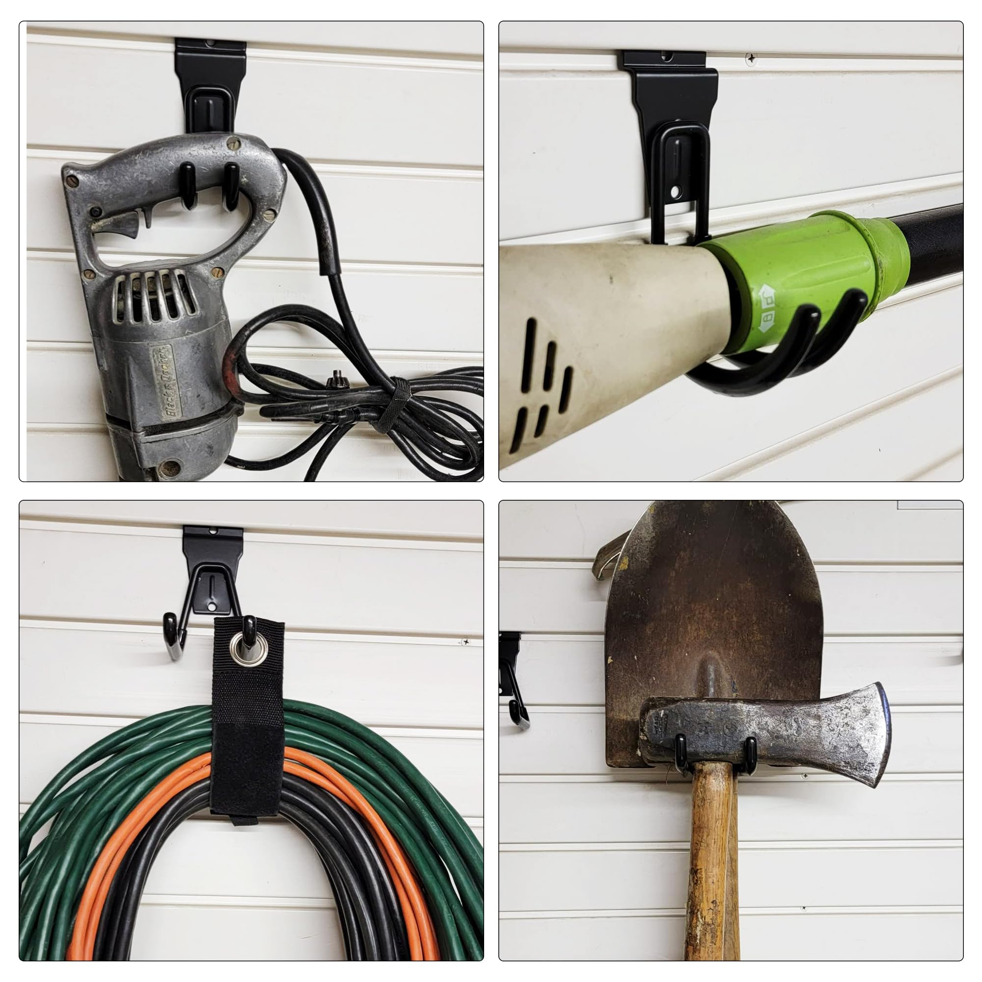 3-H 16 small pièces Slatwall Crochets Slatwall Accessoires Crochets de garage,Garage Hooks avec 2 sangles de rangement pour outils Jardin Garage Remise(Noir)