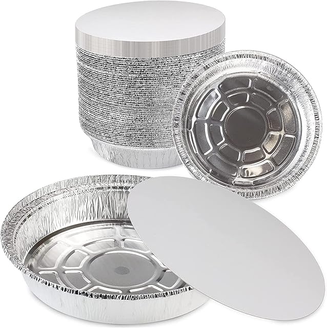 Tezraftaar® 50 x Aluminum Foil Round Container with Lids Trays No.12 Disposable for Roasting, Broiling, Cooking, Food Storage and Food Takeaway