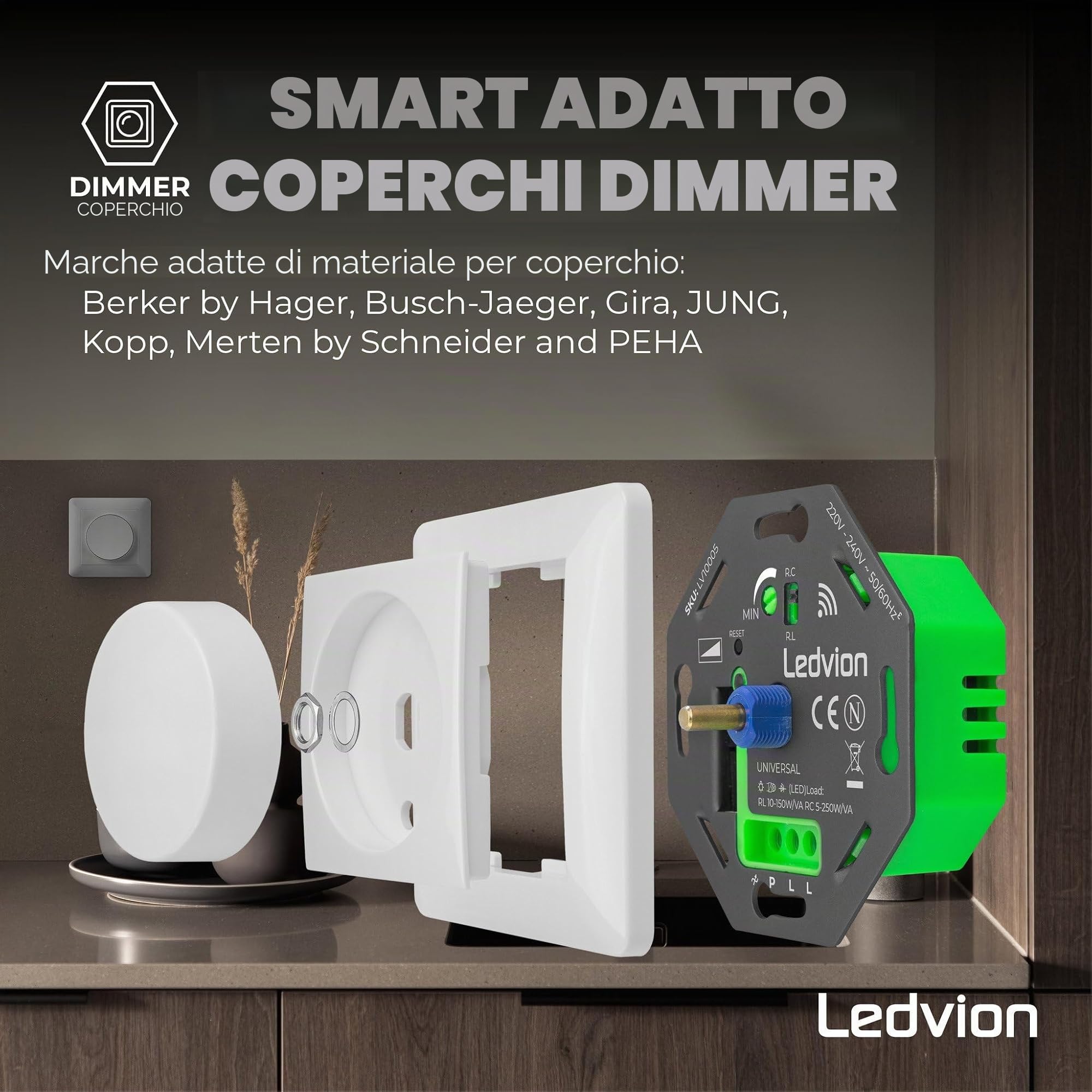 Ledvion - Interruttore Intelligente LED, LED 5-250W, Senza Copertura, Taglio di Fase, Dimmer Rotativo da Incasso, Variatore Rotativo LED