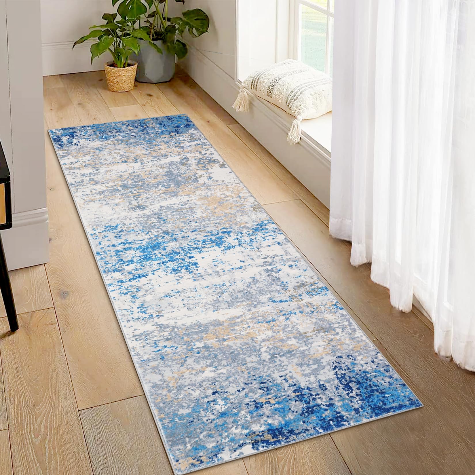 CAROMIO Modern Abstract Hallway Runner 60x180cm Washable Non-Slip GreyBlue โ image 1