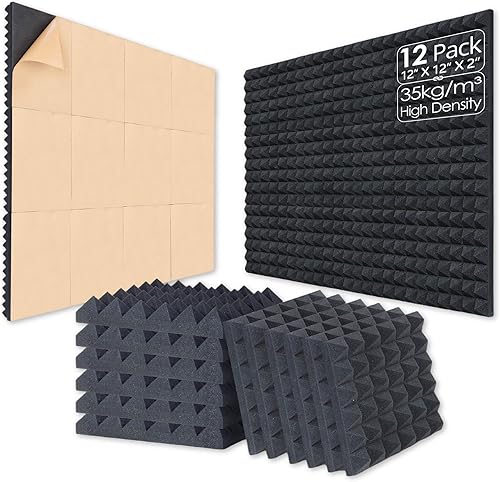 Paquete de 12 paneles de espuma acústica autoadhesivos, acolchado de 2 pulgadas de grosor a prueba de sonido para pirámide de pared, 2 x 12 x 12