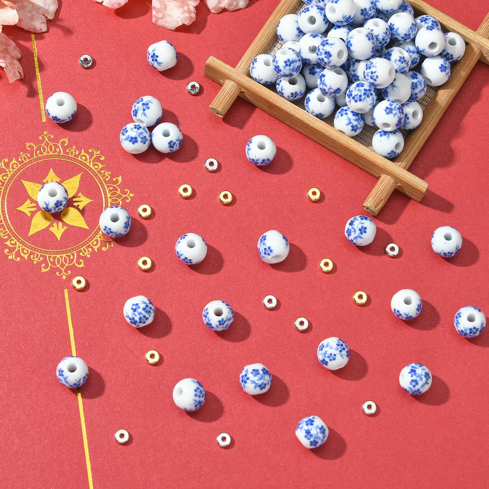 140 perline rotonde in ceramica per la creazione di gioielli con fiore blu stampato perline distanziali kit per braccialetti collane e forniture fai da te