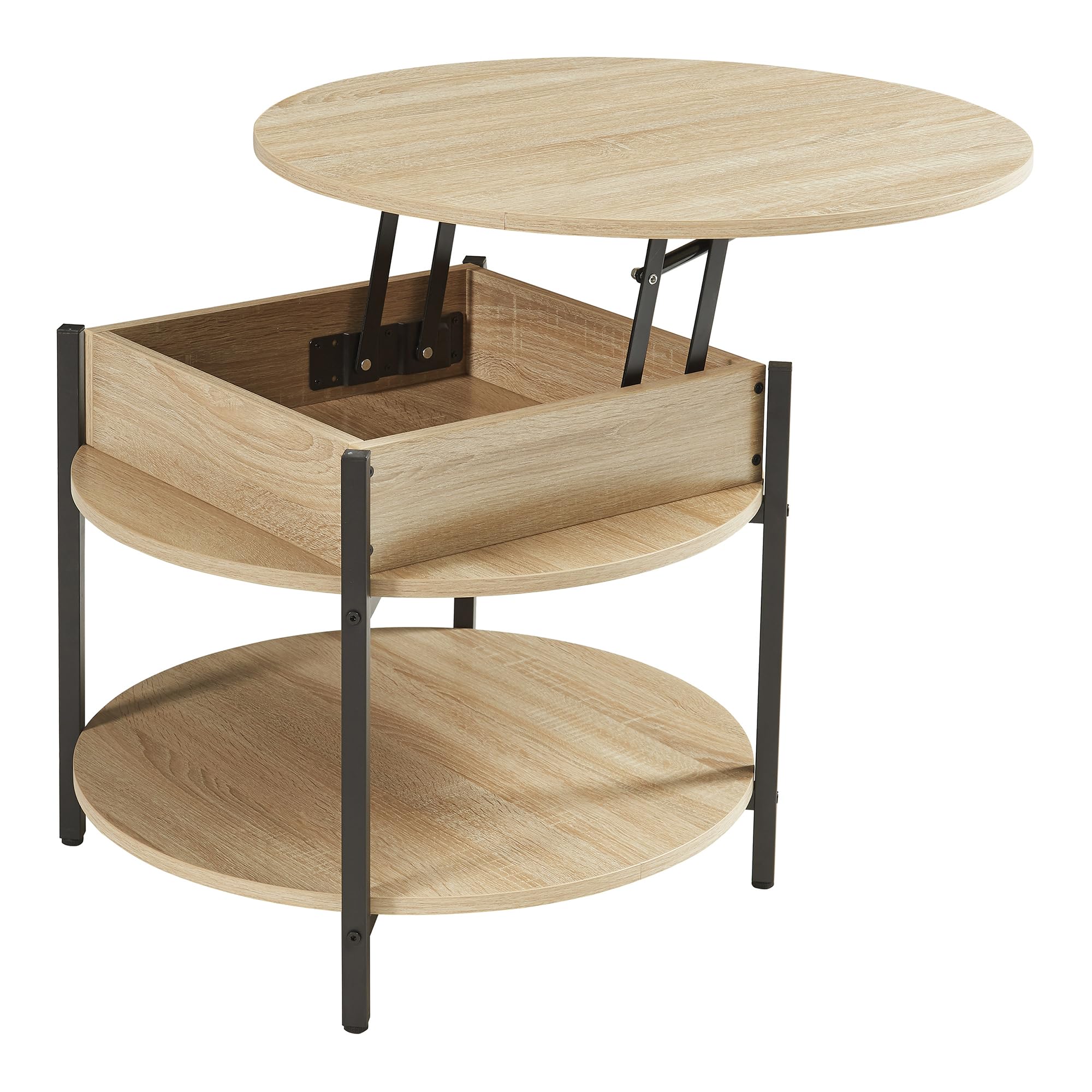 [en.casa] Mesa de Centro Kandas Mesa Baja Redonda con Tablero Elevable con Compartimento Interno y Estante Mueble Auxiliar Mesita para Salón 70 x 49 cm - Efecto Roble