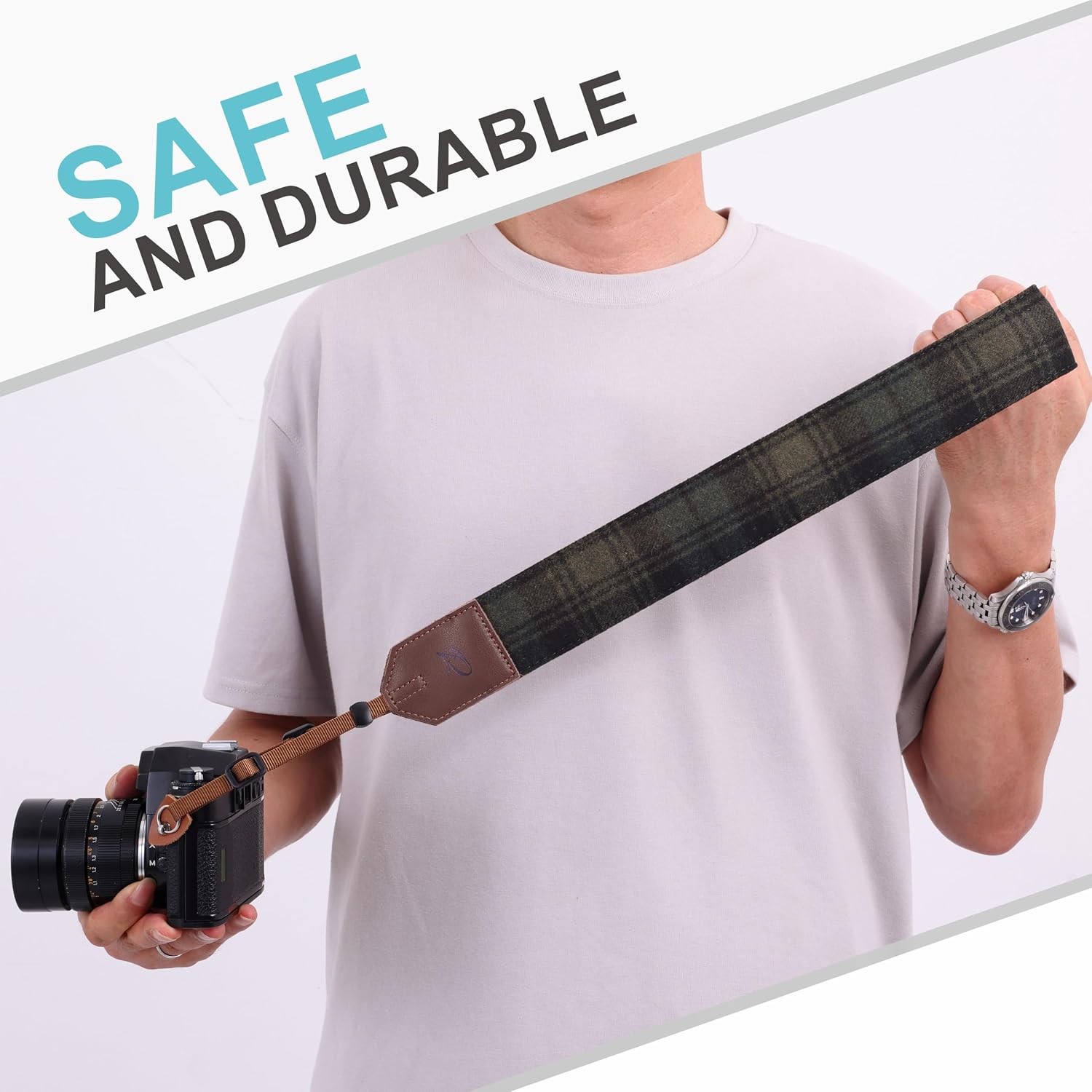 Padwa Lifestyle Camera Strap - 2" Full Grain Leather Ends Camera Straps for Photographers, Unique Vintage Cashmere and Soft Suede Fabric Padded Strap Quick Release fits All Cameras(Dark Green Check)