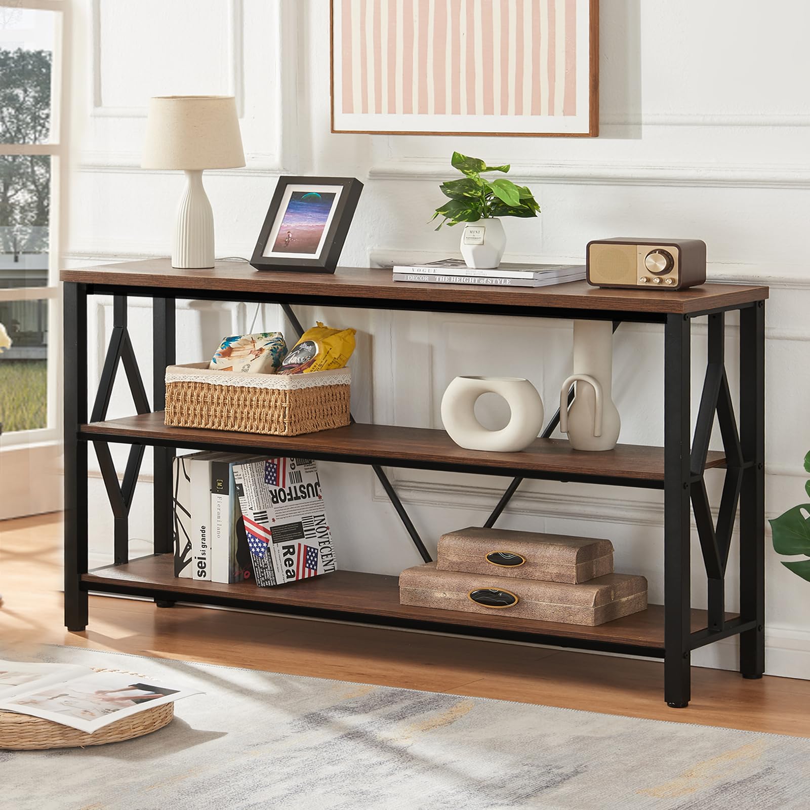 homissue sofa console table, rustic console table with 3-tier storage, engineered wood sofa tables with open shelves, heavy duty entryway tables for living room, hallway (55 inch, rustic brown)
